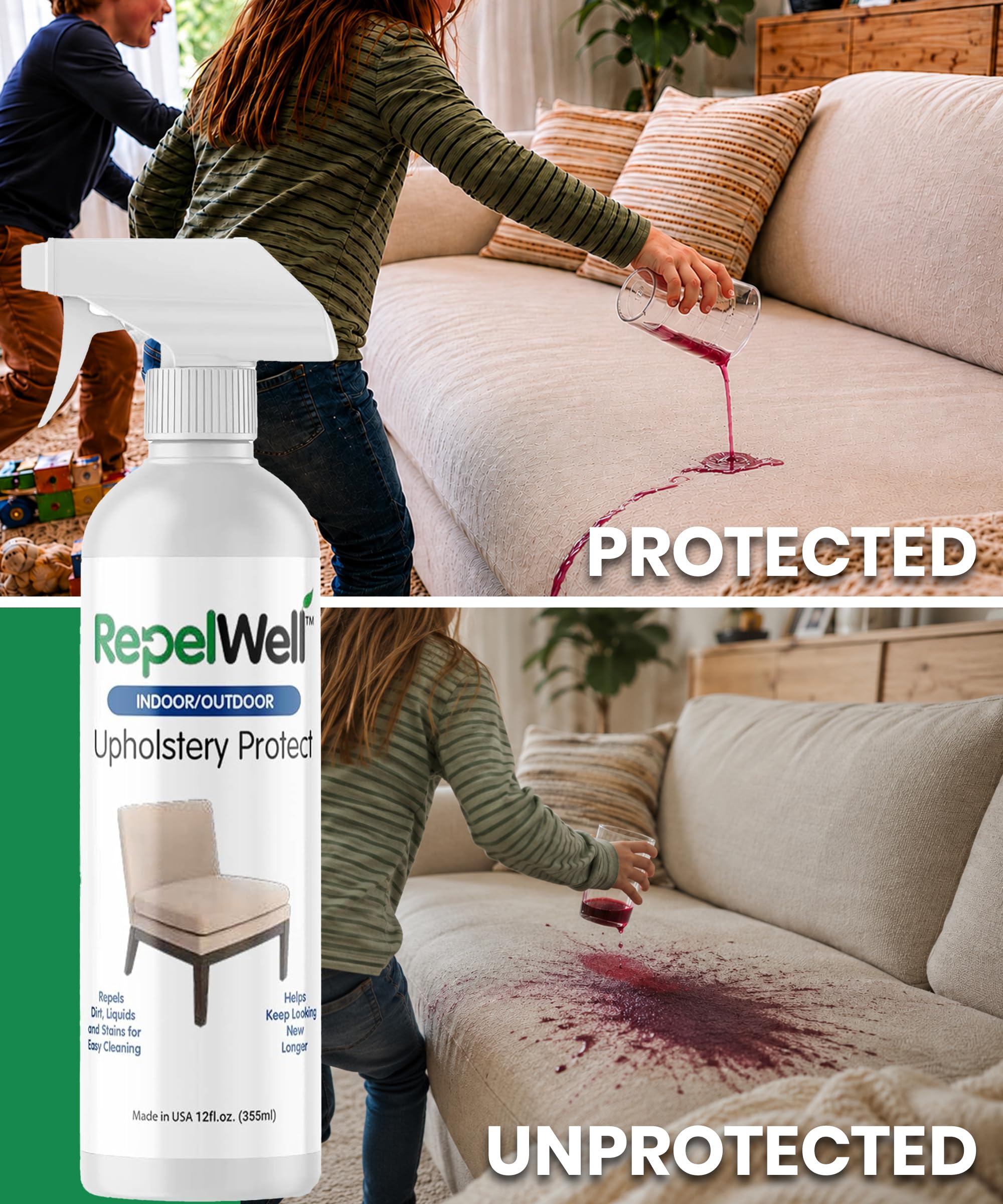 RepelWell Upholstery Protect - Spray Repelente al Agua y Manchas (12 onzas), Respetuoso con el Medio Ambiente, Apto para Mascotas, Mantiene tu tapicería de Tela, Cuero y Gamuza como Nueva