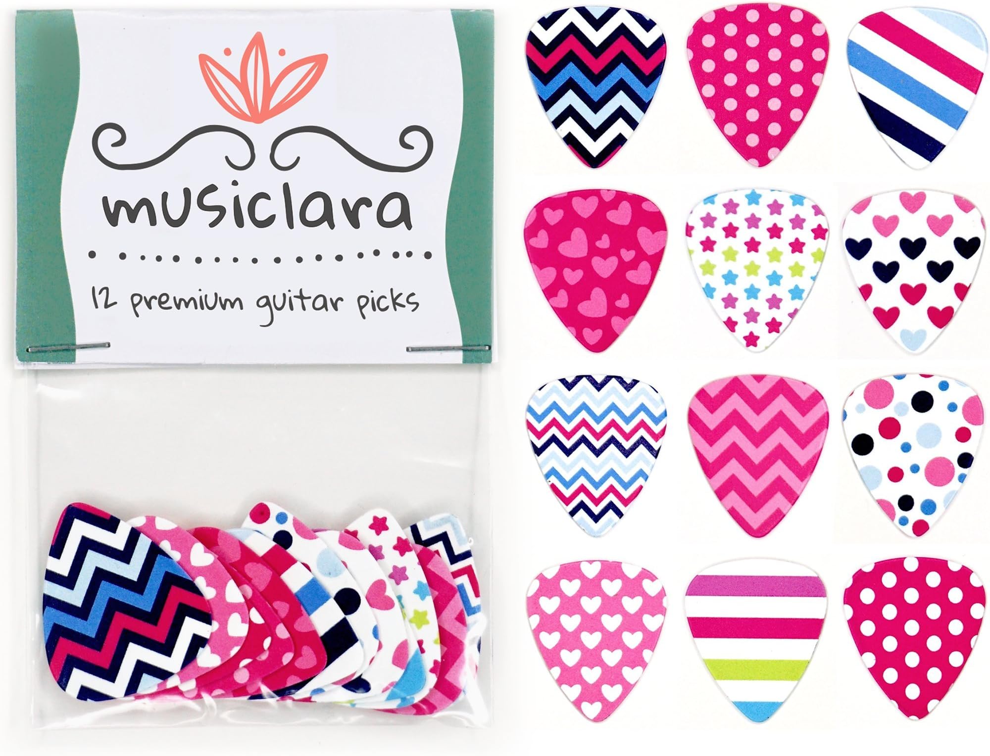 Guitar Picks for Girls by Musiclara | Designed FOR Girls BY Girls in the USA | Set of 12, Medium (.71 MM) Thickness, Colorful, Stylish, Premium Quality | Perfect Guitar Picks for Kids & Teens!