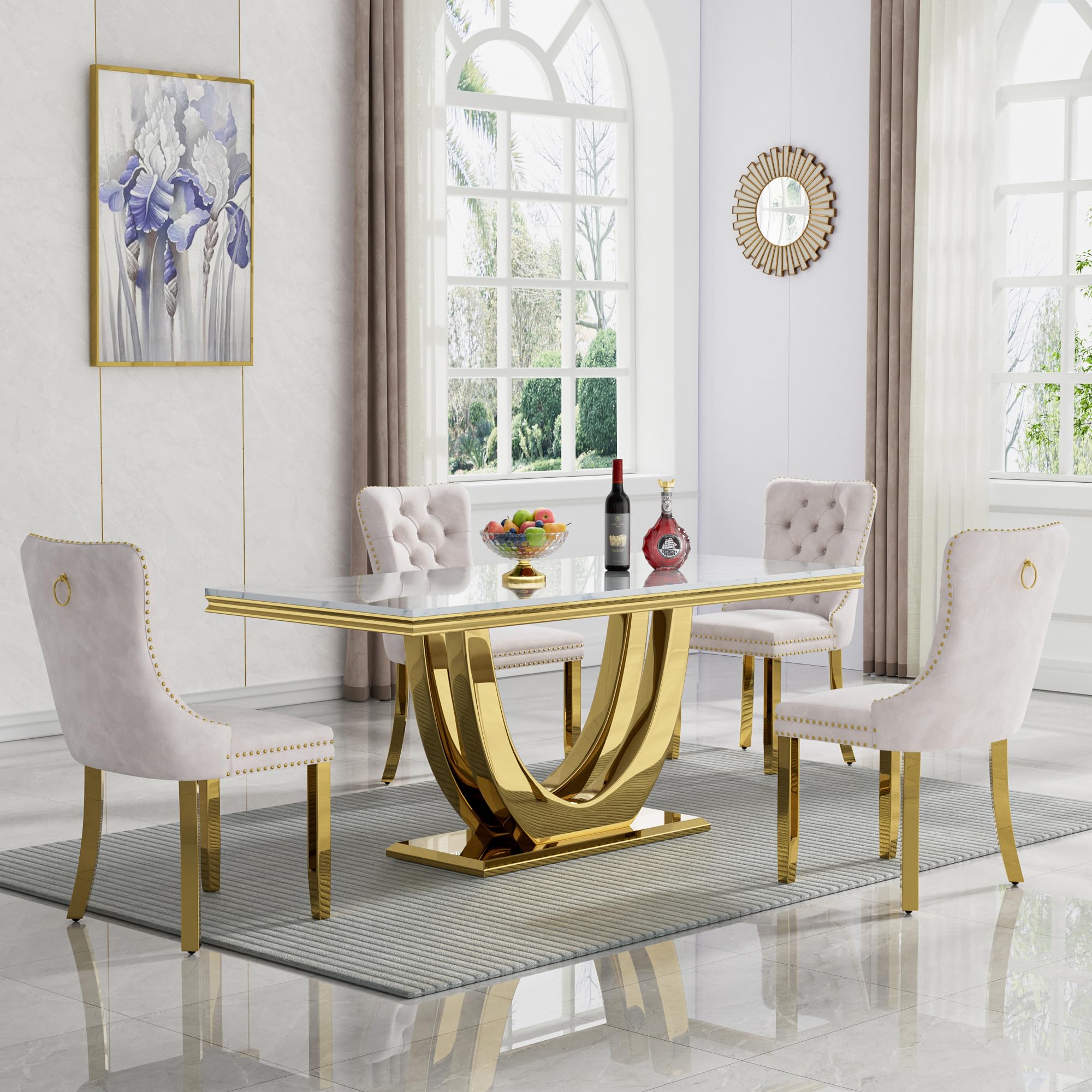 68" Marble Dining Table Set for 4, Luxury White Gold Kitchen Table with 4 Beige Velvet Dining Chairs Modern Fuax Marble 5-Piece Dining Room Table Set for 4 w/Stainless Steel Base