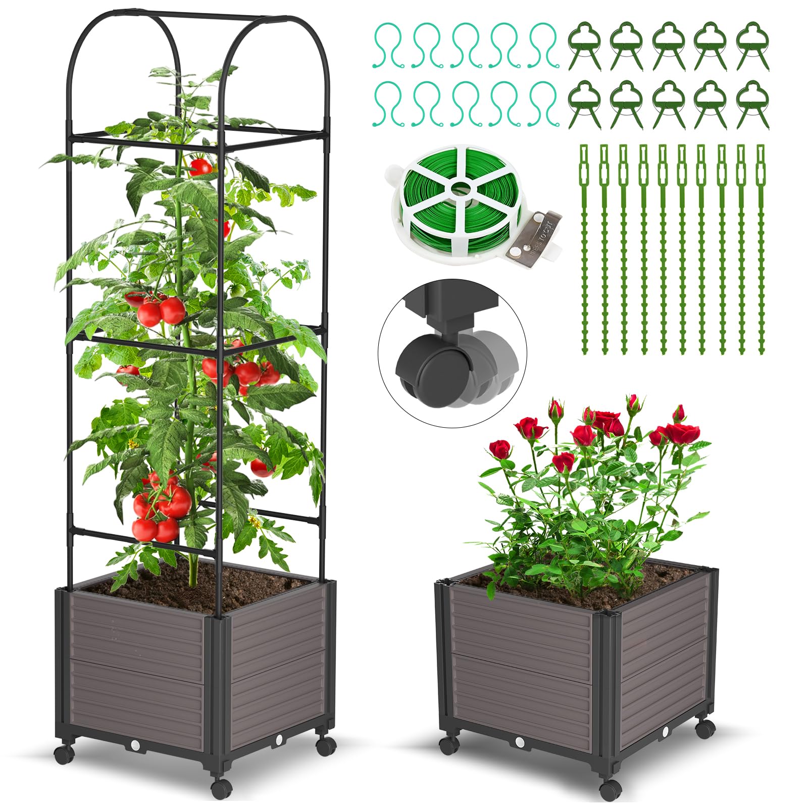 DoCred Raised Garden Bed Planter Box with Wheels, Tomato Cage Planter Raised Garden Bed with Trellis for Climbing Vegetables Plants Tomato Cage, Indoor Outdoor Use