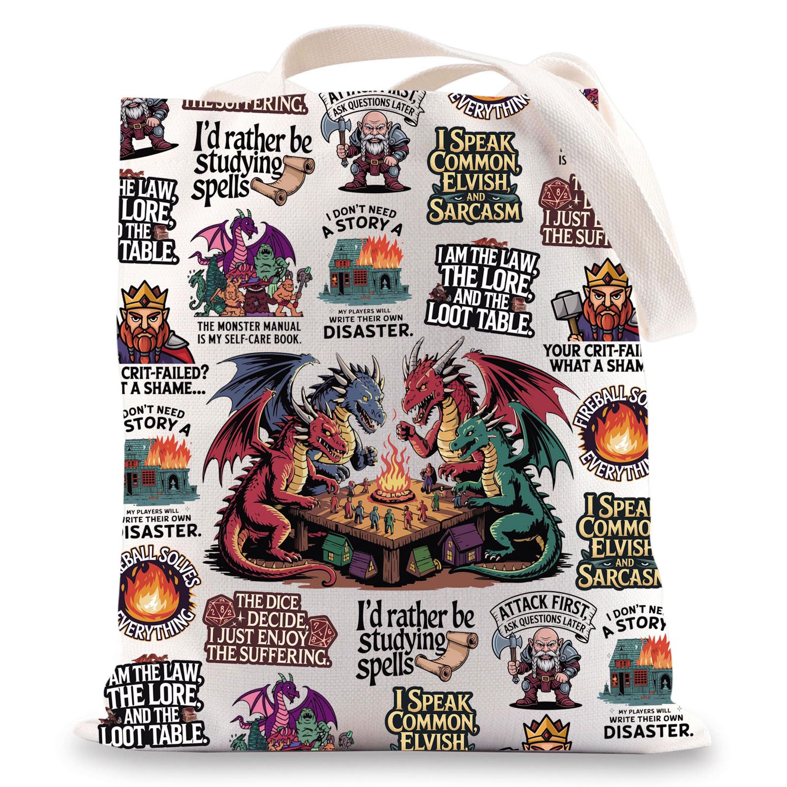 LEVLO Dungeons D20 Canvas Tote Bag D&D Gamer Gifts Dragon Master Shoulder Bag Gamer Players Merchandise, Dungeons D20 Tote, M