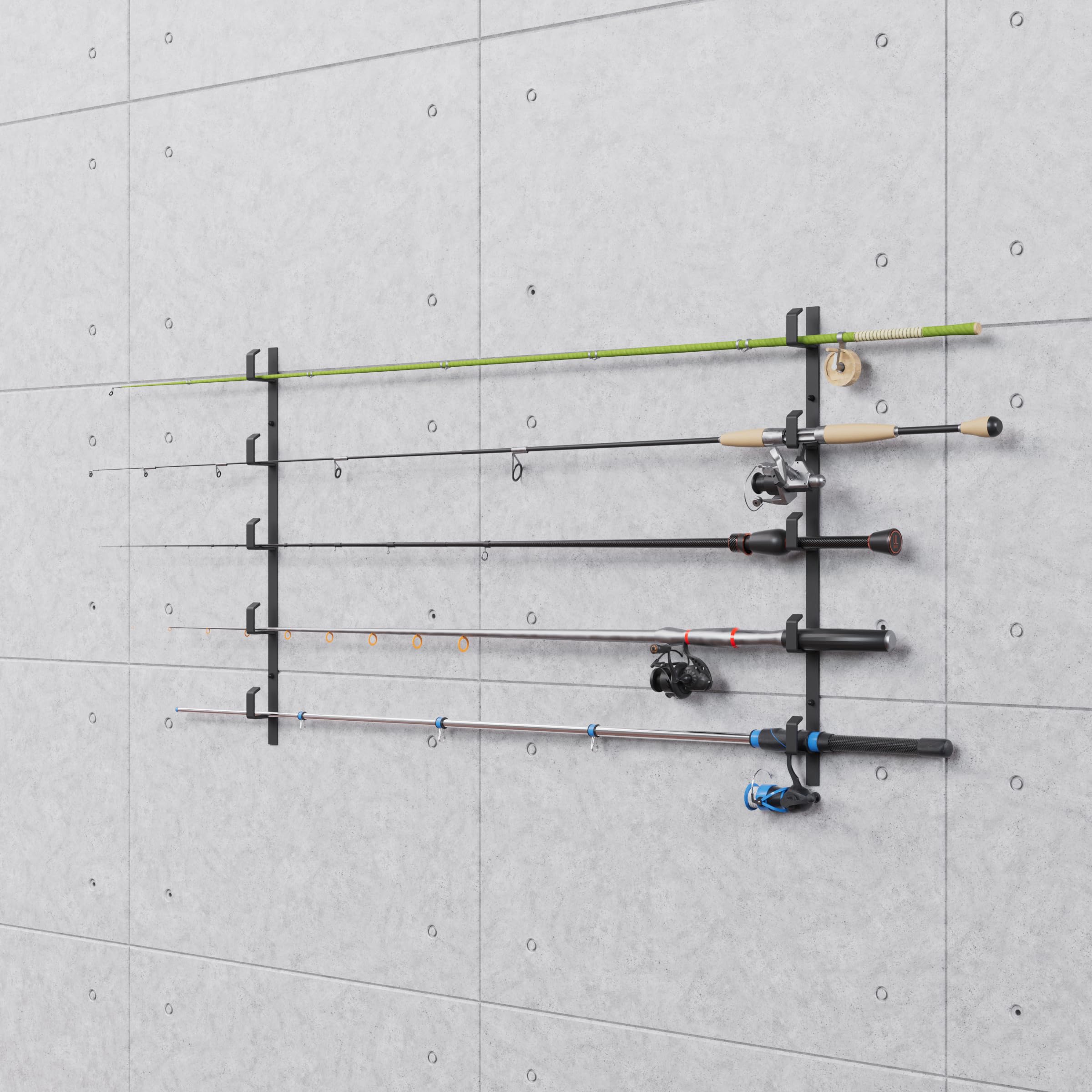 QLS Supporto per canne da pesca, da parete, da soffitto, fino a 5 canne da pesca, in acciaio verniciato a polvere, colore nero