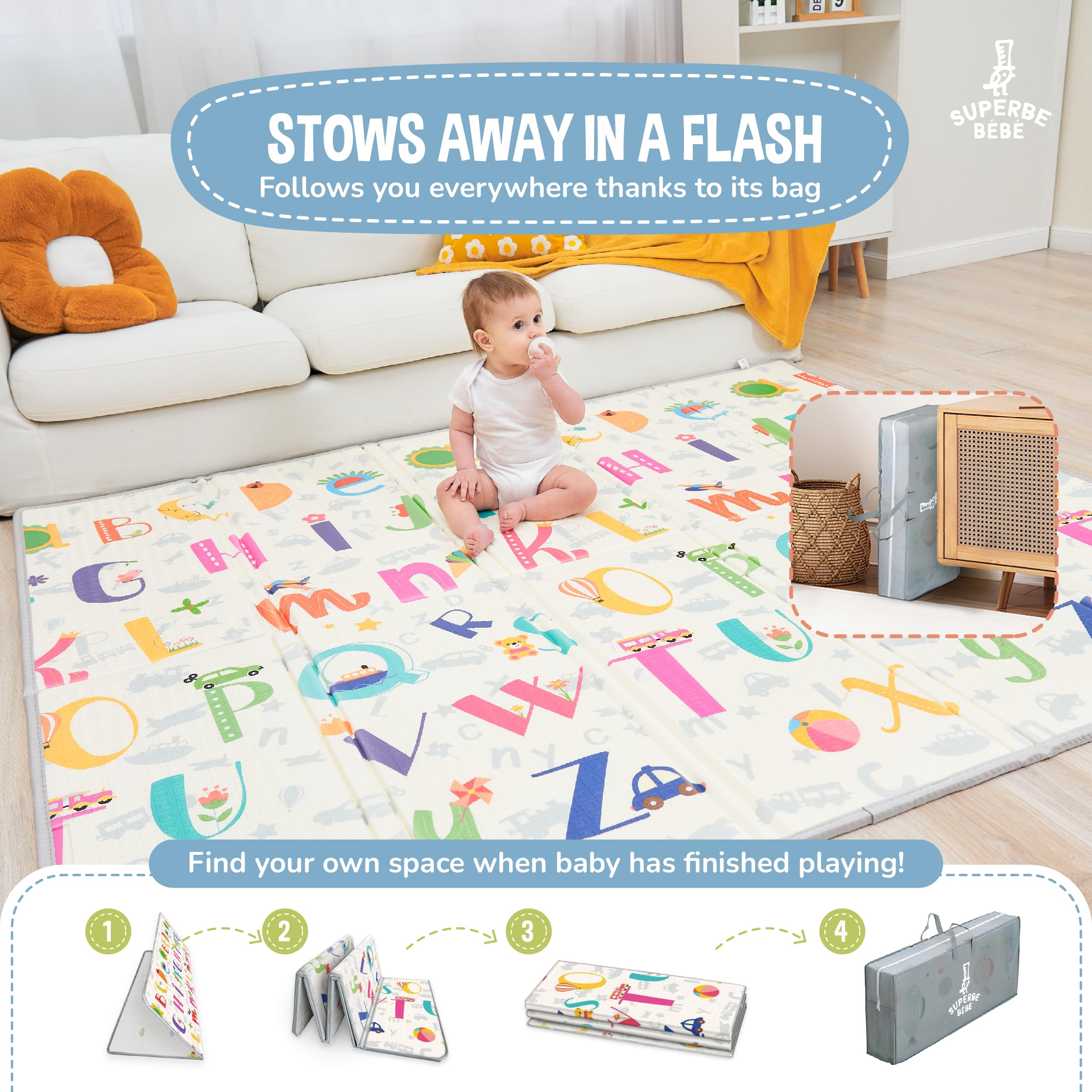 SUPERBE BEBE Tappeto Per Bambini e Neonati Reversibile e Non Tossico, Pieghevole e Impermeabile in Schiuma. Per la Cameretta, Grande Formato