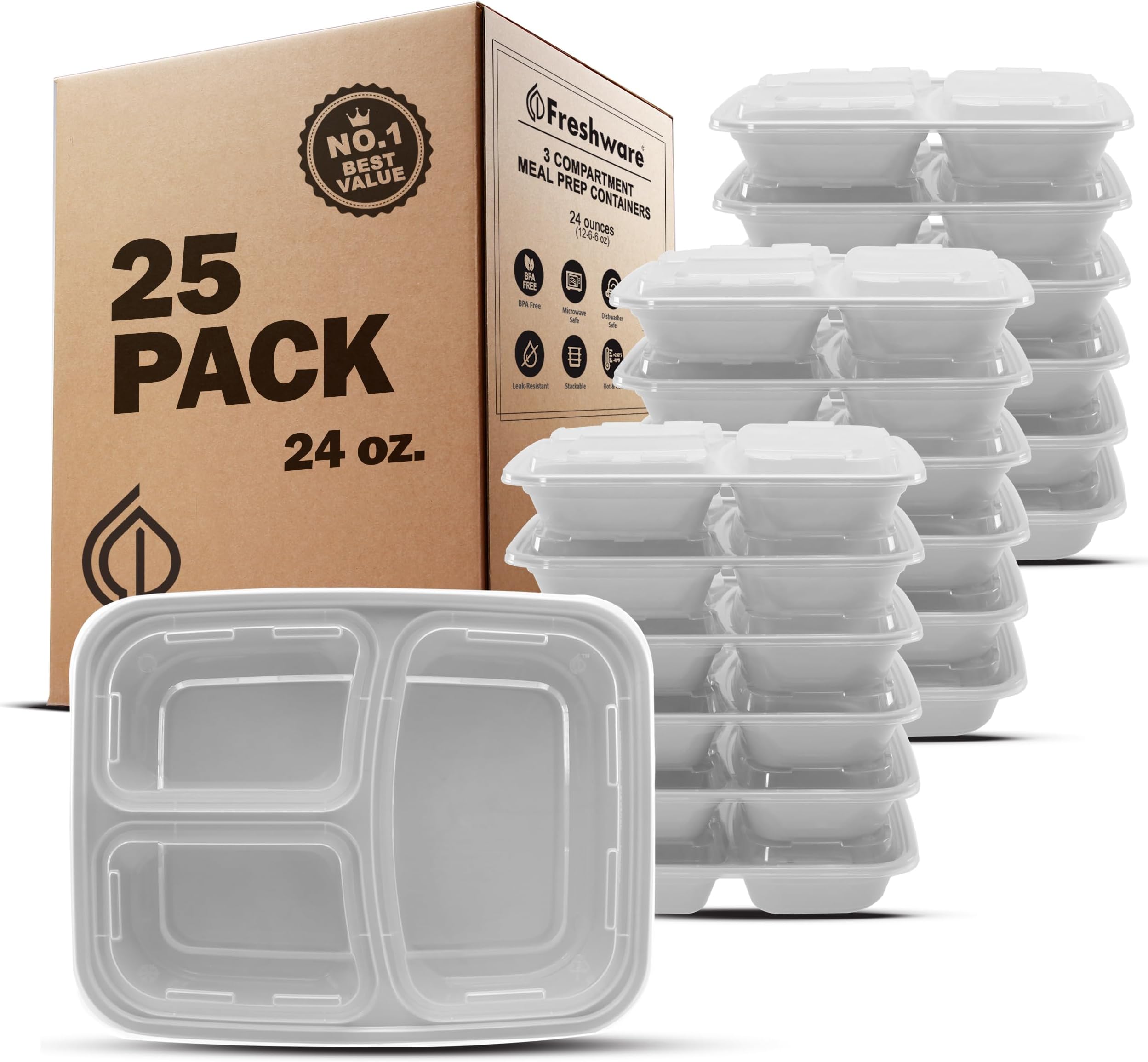 Freshware Meal Prep Containers [25 Pack] 3 Compartment with Lids, Food Storage Containers, Bento Box, BPA Free, Stackable, Microwave/Dishwasher/Freezer Safe (24 oz)