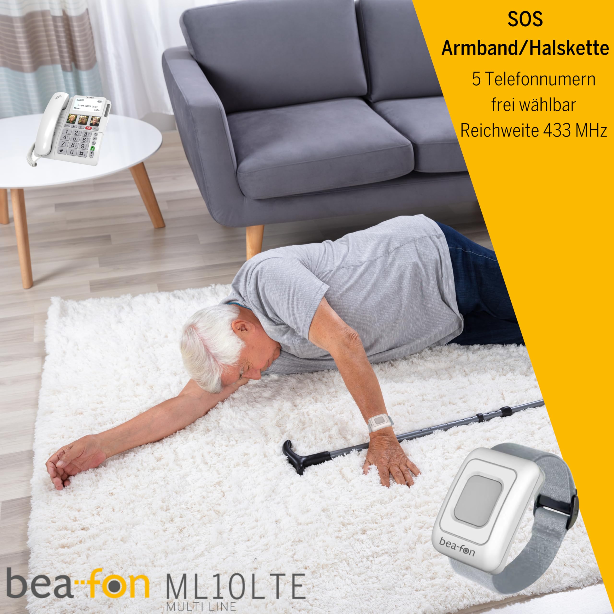 beafon, Silverline, ML10, telefono da tavolo, LTE (4G), con pulsante di emergenza SOS, con cinturino SS, HAC M4/T4, 3 tasti a scelta rapida (simboli o foto), numeri XXL, funzione vivavoce,