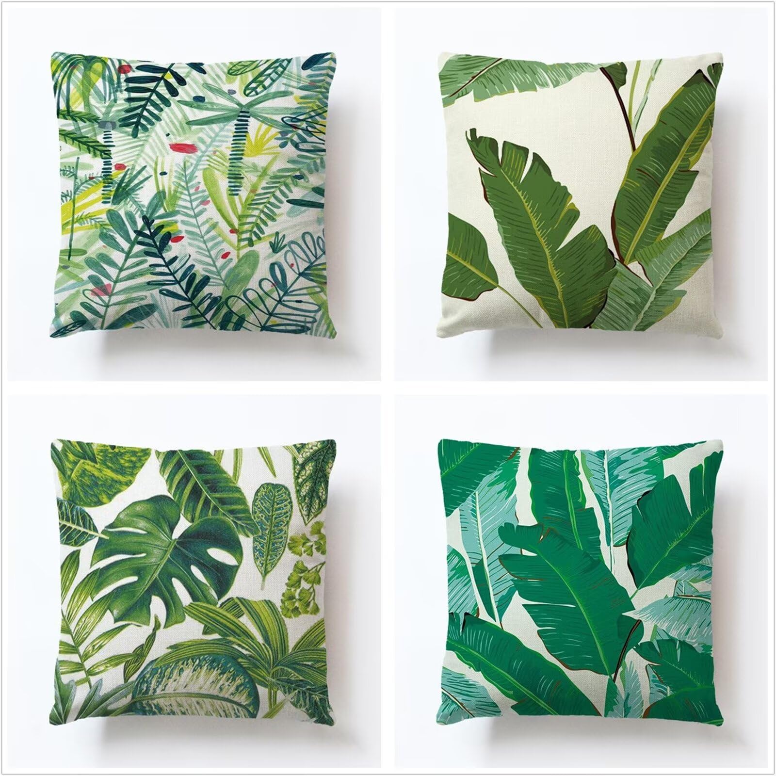 Juego de 4 Impermeable Funda de Cojín Hojas Tropicales,55x55cm Moderno Suave Transpirables Lino Fundas de Almohada Cojines Decorativos con Cremallera Oculta para Exterior Sofá Cama Coche Hogar