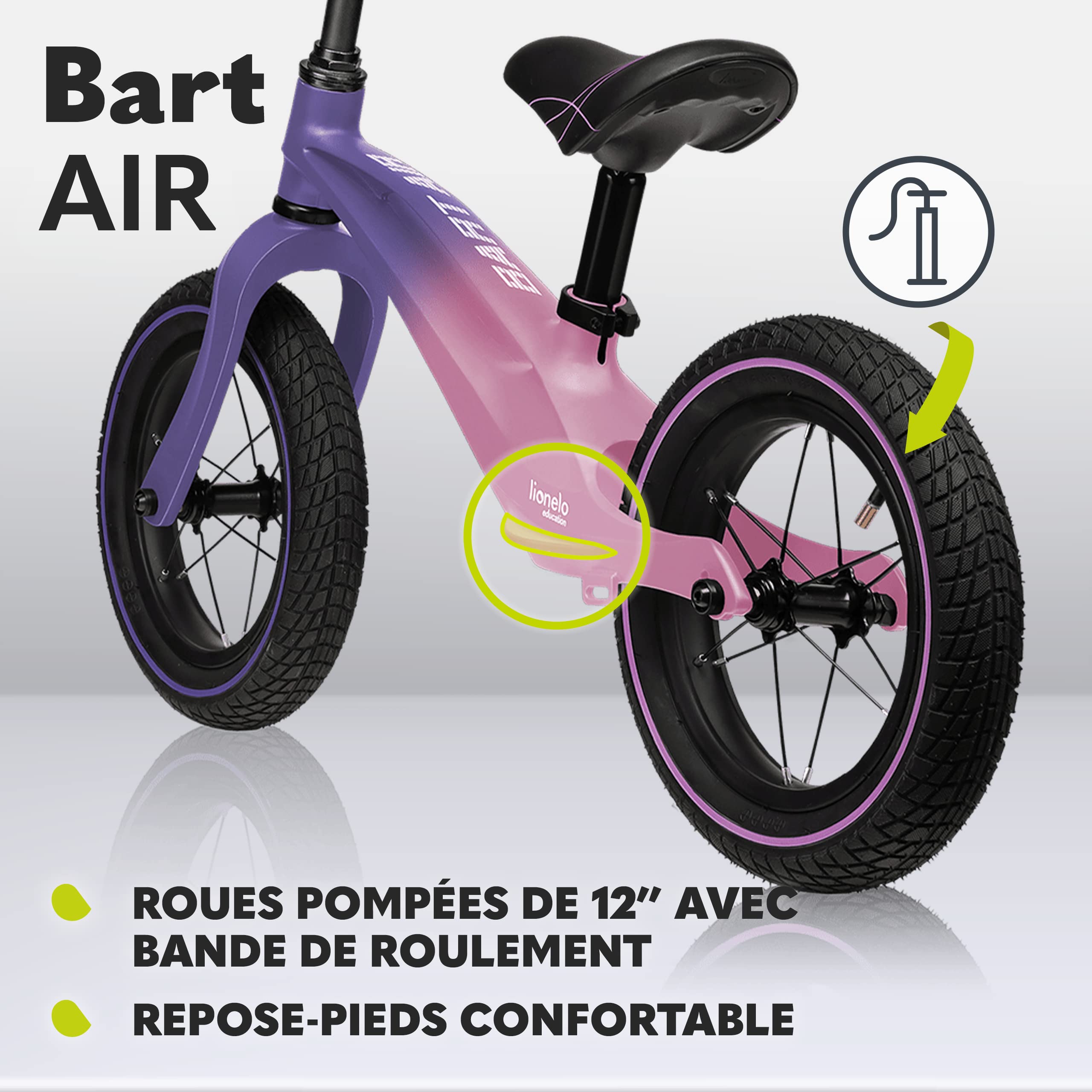 Lionelo Bart Air Draisienne 2-6 Ans, Roues 12 Pouces, Rose Violet | Pneus gonflables, cadre léger en magnésium 3,8 kg, selle et guidon réglables, repose-pieds, jusqu’à 30 kg