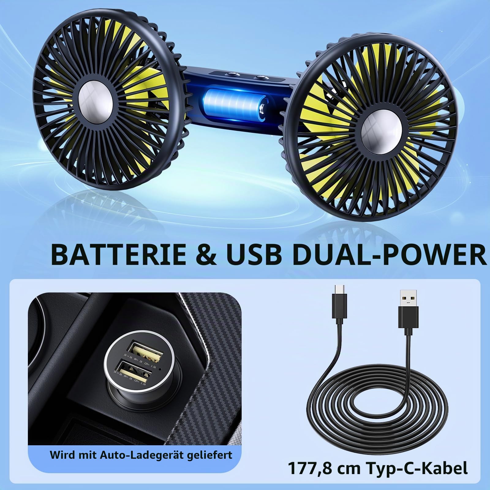 Akku Ventilator für Auto Rücksitz mit Einziehbarem Langem Arm, [Geschenk-Kfz Ladegerät & USB-C Kabel*1] 360° drehbar, 3 Geschwindigkeiten, separate Steuerung (Batterie)