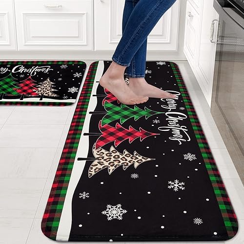Miniatura 8 de ASPMIZ Juego de 2 alfombras de cocina con diseño de Feliz Navidad, diseño de búfalo verde y rojo, de bajo perfil, alfombras de cocina para árbol de