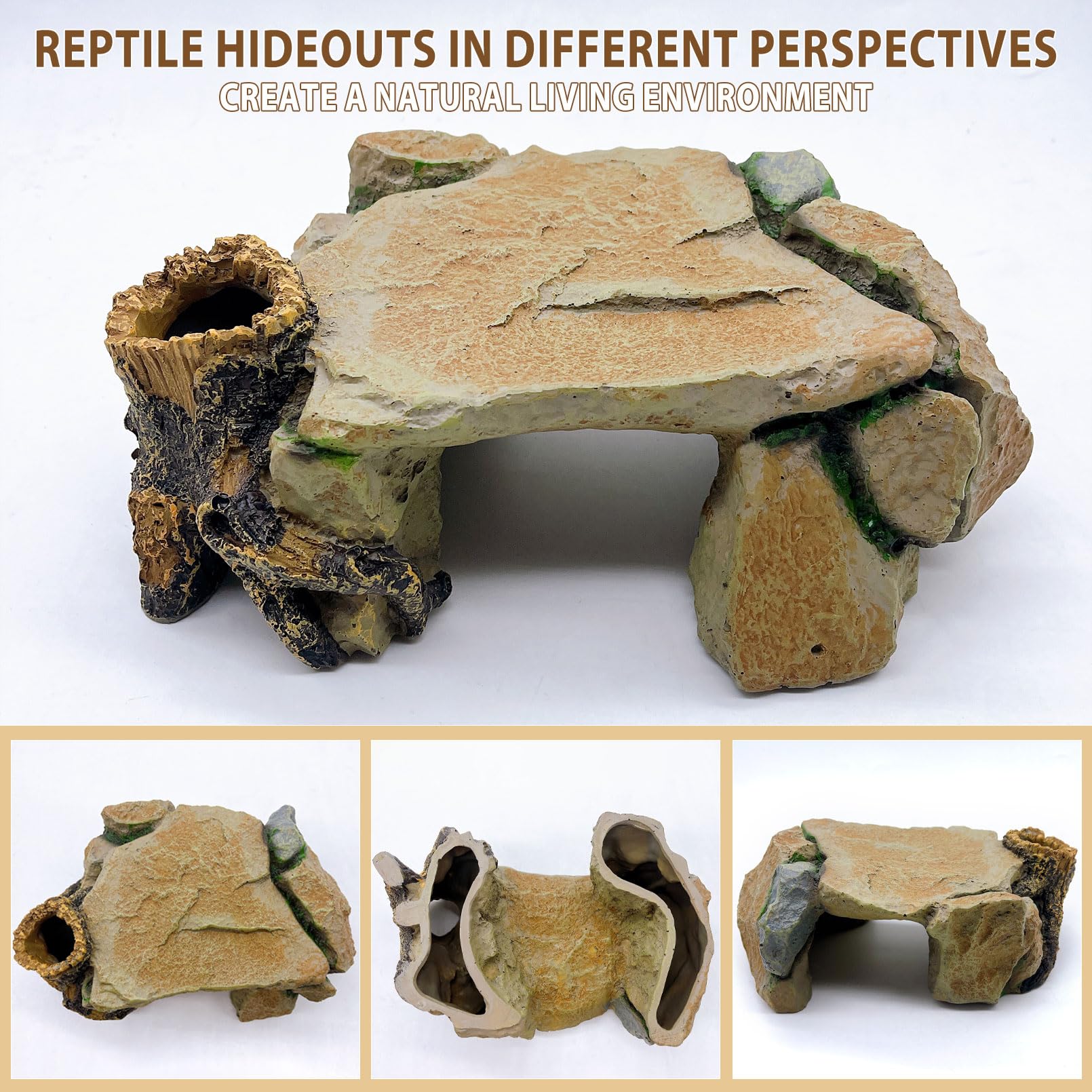 BNOSDM Plataforma de tortuga, cueva escondite de reptiles, roca de tortuga, cueva de escondite de geco, piedra de resina, decoración de hábitat de terrario, accesorios de tanque para dragón barbudo,