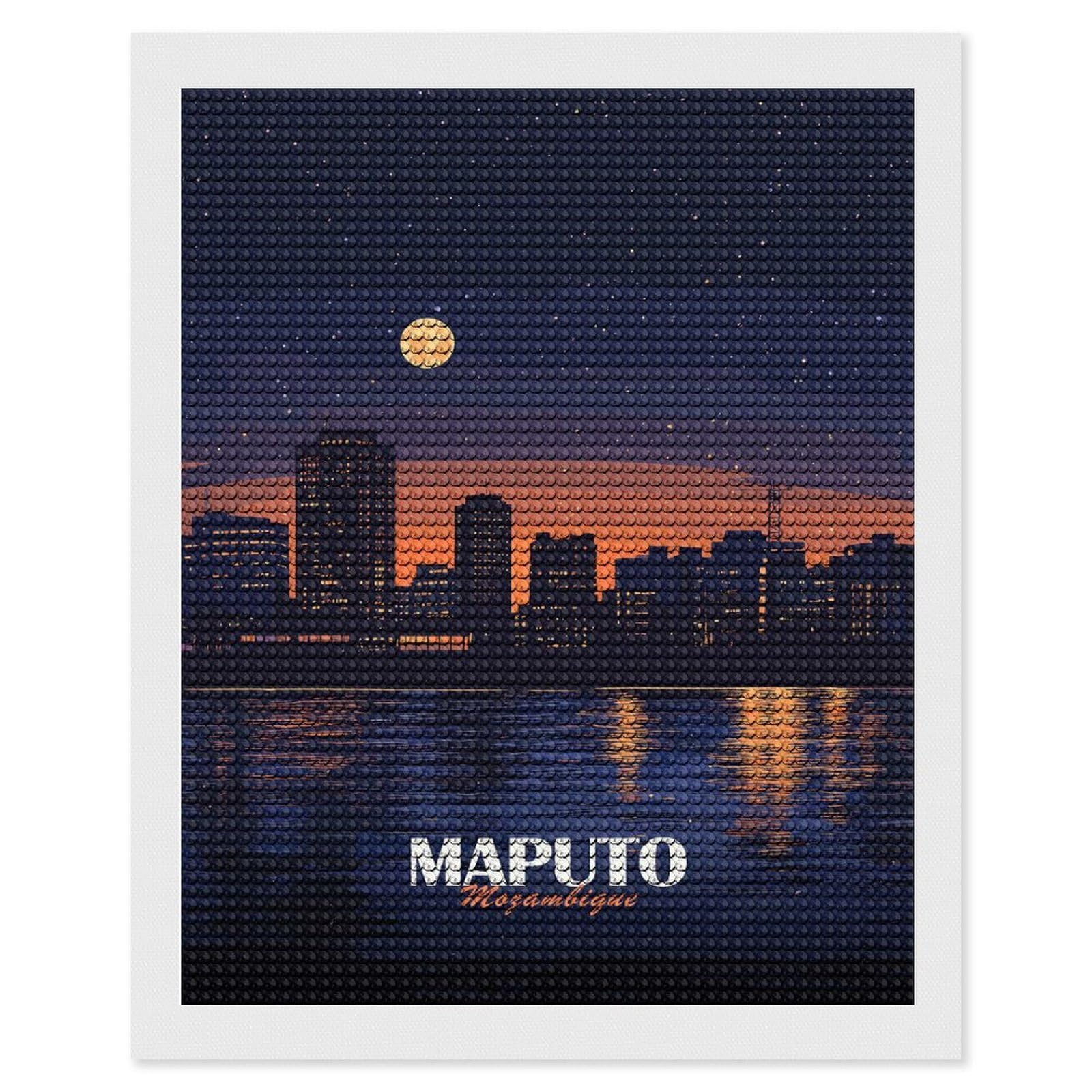 Junmoney Maputo, Mozambique Cityscape at Night Round Drill Diamond Painting 16"x20", for Craft Lovers, Stress Relief Craft, Bedroom Decor, Festive Craft Gift