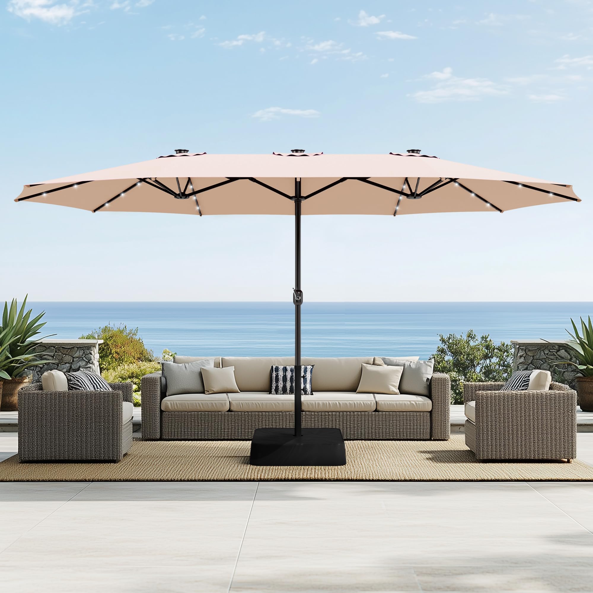15ft Extra Large Outdoor Patio Umbrella with Solar Lights & Base, Beige