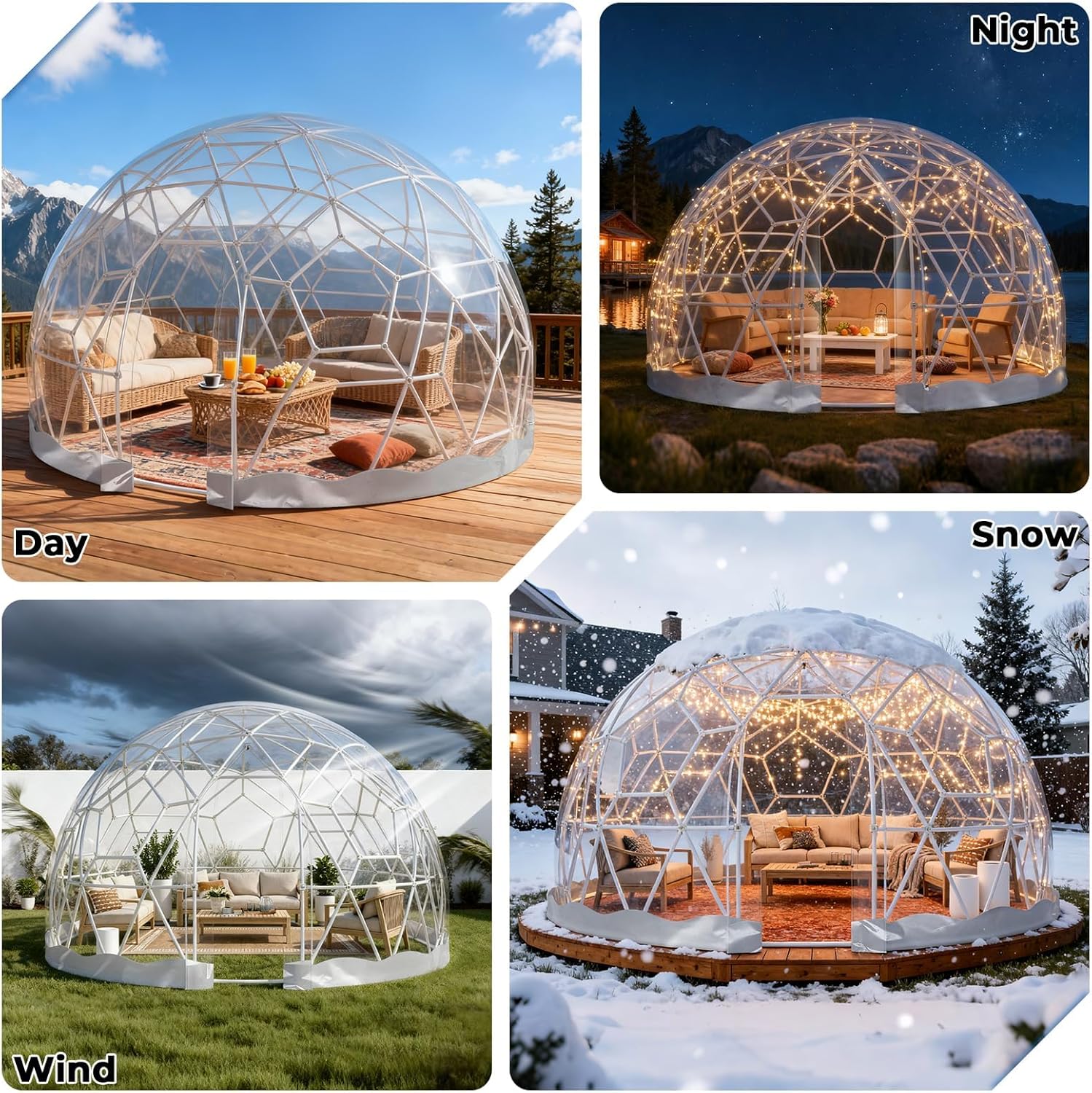 12 * 7.2FT Garden Dome Tent with 2*Lights, Upgraded Weatherproof Garden Geodesic Dome Greenhouse Bubble House Camping Tent with Transparent Cover for 2-6 Person and Window for Outdoor, Party, White
