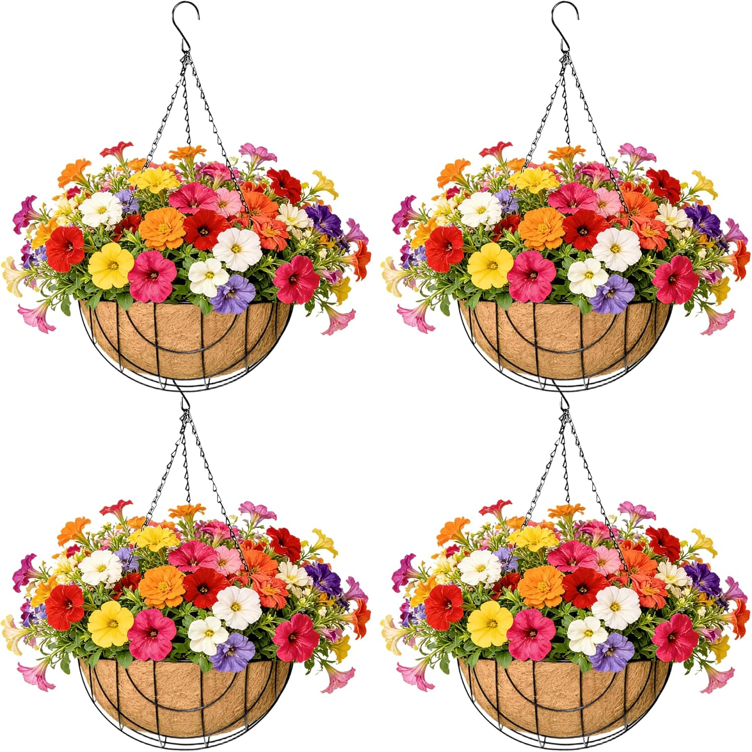 EIMQUVW Outdoor Metal Hanging Planters Basket (4pack, 14 inch) Hanging Baskets for Plants Chain Round Wire Plant Holder with Coco Fiber Liners for Garden, Patio, Deck, Porch(Grid)