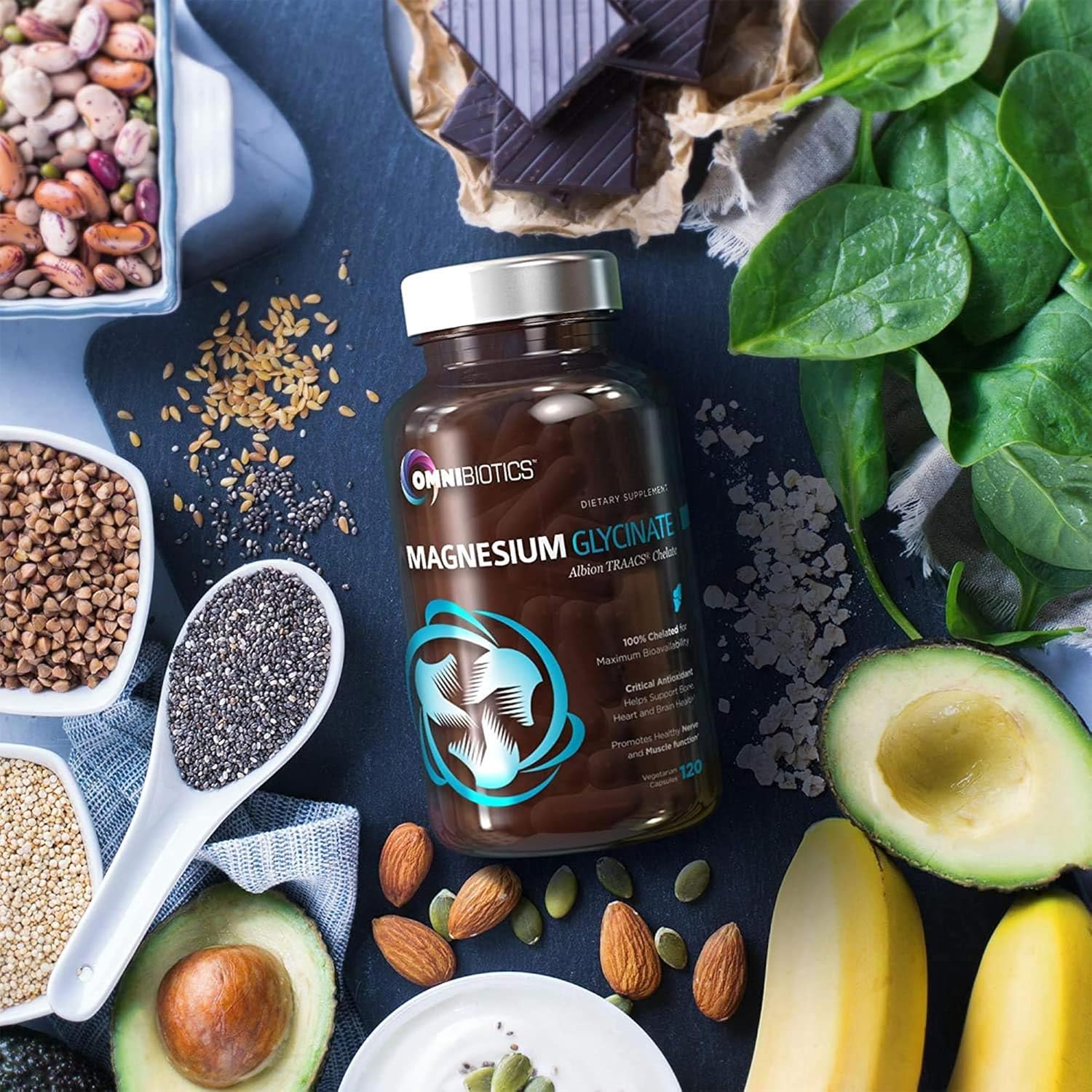 OmniBiotics Magnesium Glycinate Supplement – with 100% Pure Albion TRAACS Bisglycinate Chelate for Sleep, Muscle, Nerve & Heart Health – 120 Vegan Capsules