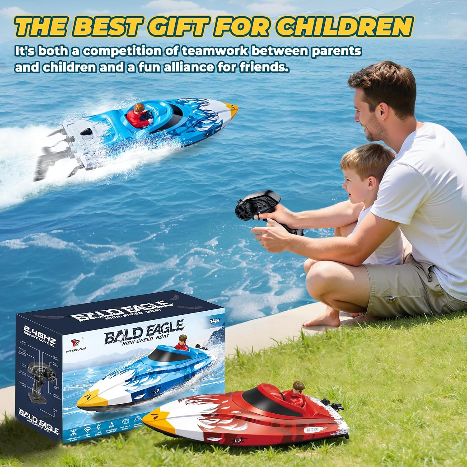 25KMH RC Remote Control Boat with LED Lights, Self-Righting, Low Battery Alert, 2.4GHz, with 800 mAh Lithium battery, Waterproof Electric Fast Speed Boat for Pool & Lake, Toy for Boys Girls, Blue