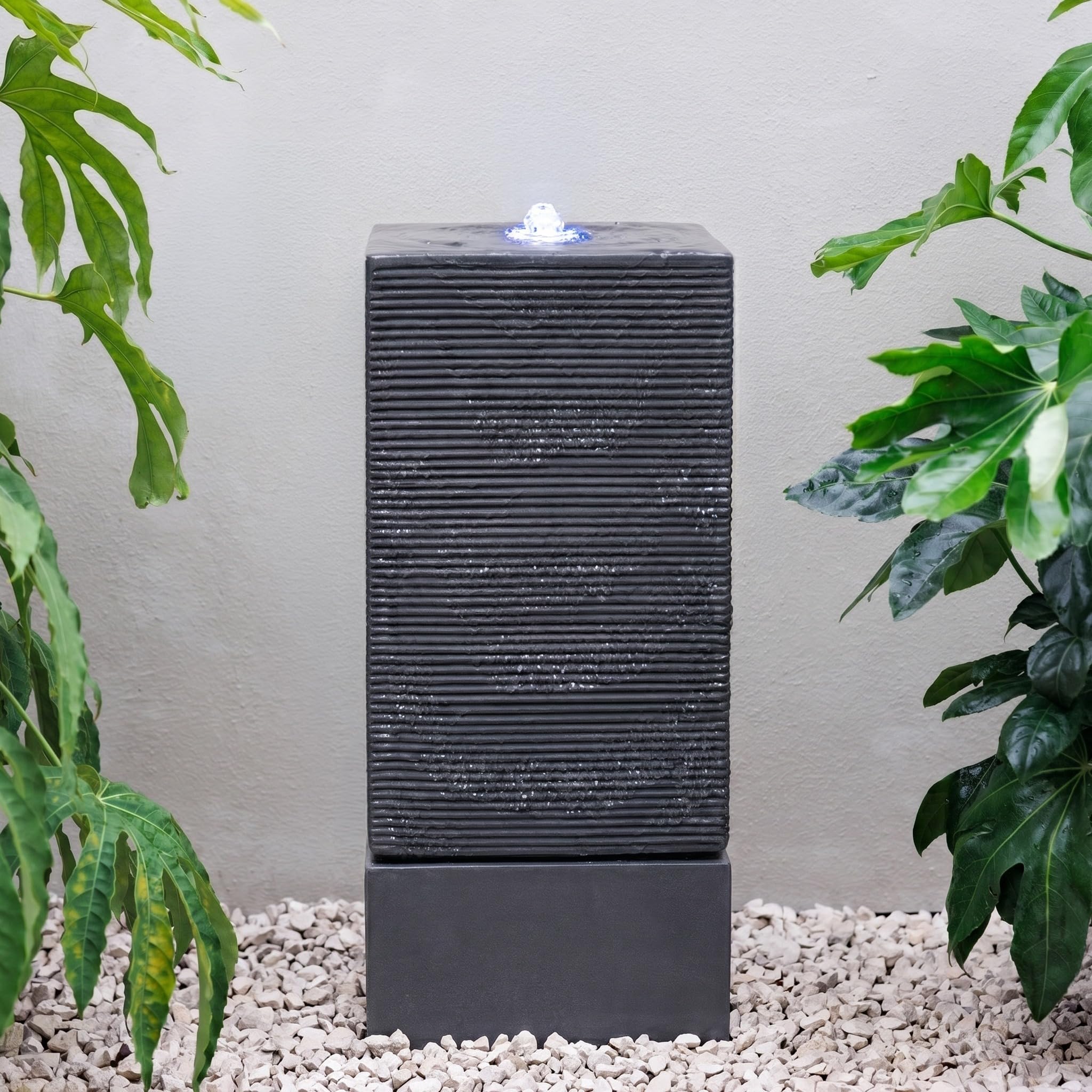 Primrose 85cm Stone Effect Square Column Rippling Patio Outdoor Water Feature with LED Lights Self Contained