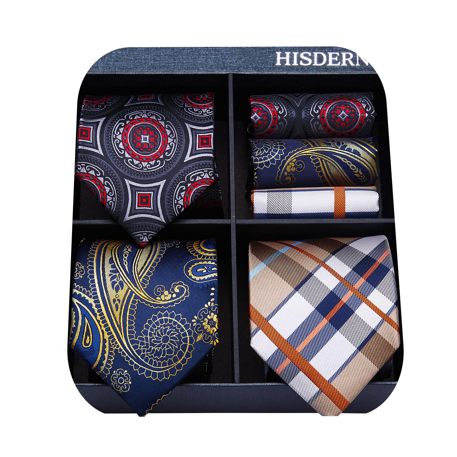 HISDERN Men's Ties Set Collection: 3 Pcs Formal Business Neckties & Pocket Squares - Polka Dot, Silk, Regular Fit - Wedding, Business, Prom - Tie Set