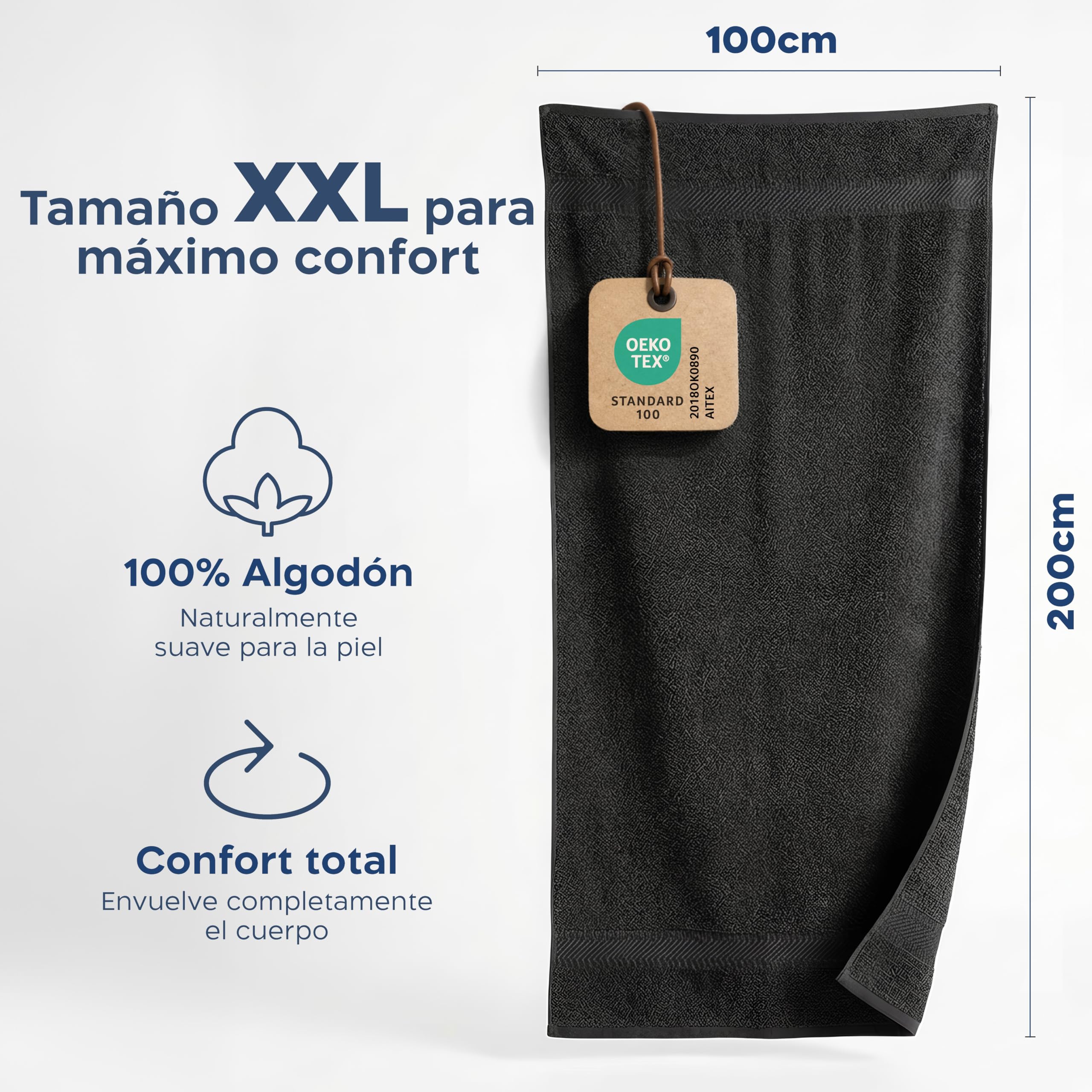 Twinzen Toalla de Baño Grande 100x200 cm – Toalla XXL de Algodón 100%, Absorbente y Suave, con Cinta para Colgar, Certificada Oeko-Tex, Antracita — view 3