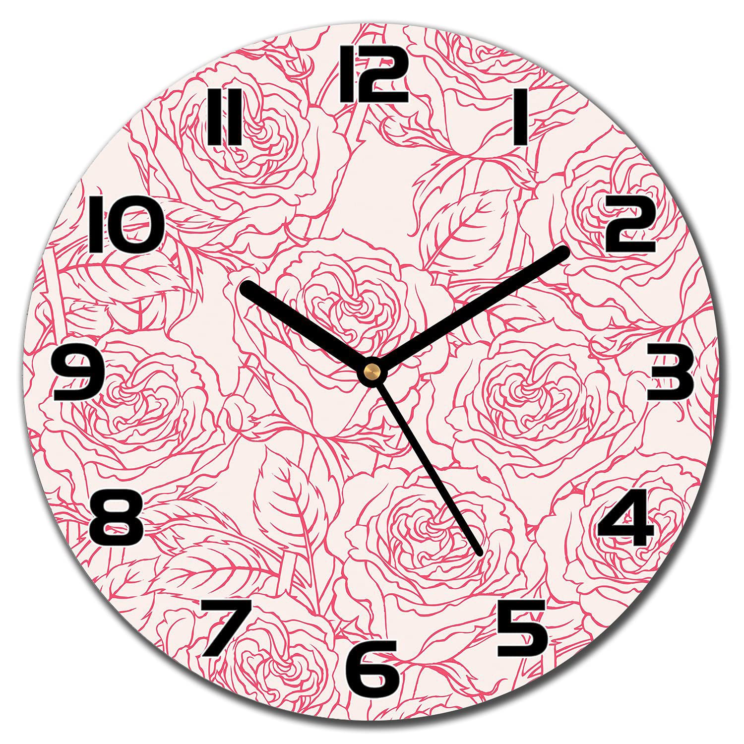 Horloge en verre cuisine salon murale moderne de 30 cm aux motifs roses vintage doodle