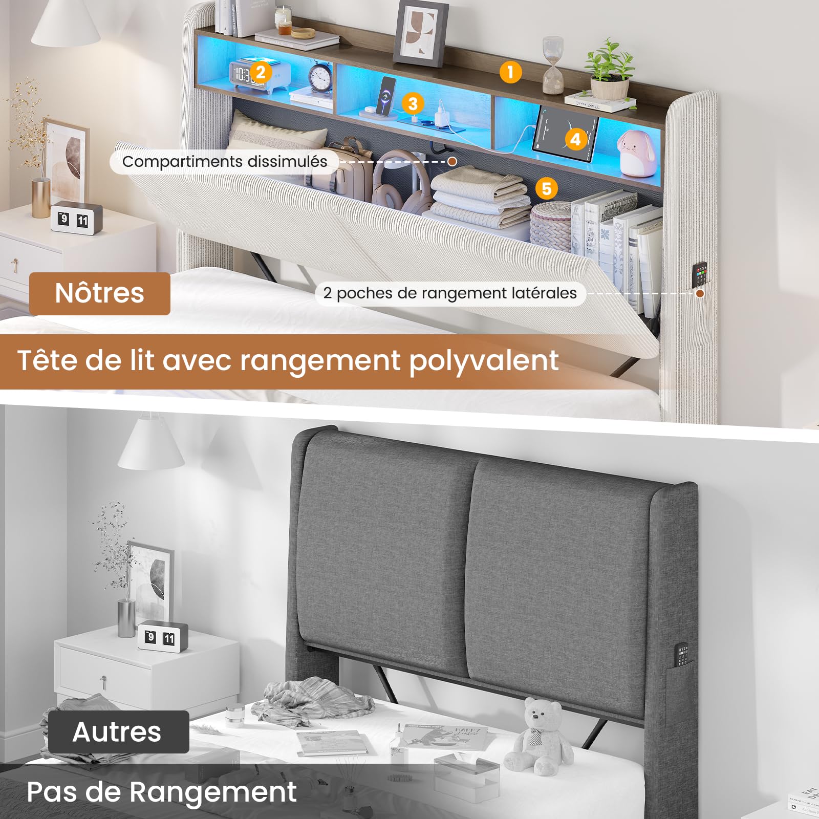 Lit Coffre 140x190 avec Led,Lit Capitonné avec 4 Tiroirs,Lit Rembourré Lit Coffre 140x190 avec Led,Lit Capitonné avec 4 Tiroirs,Lit Rembourré