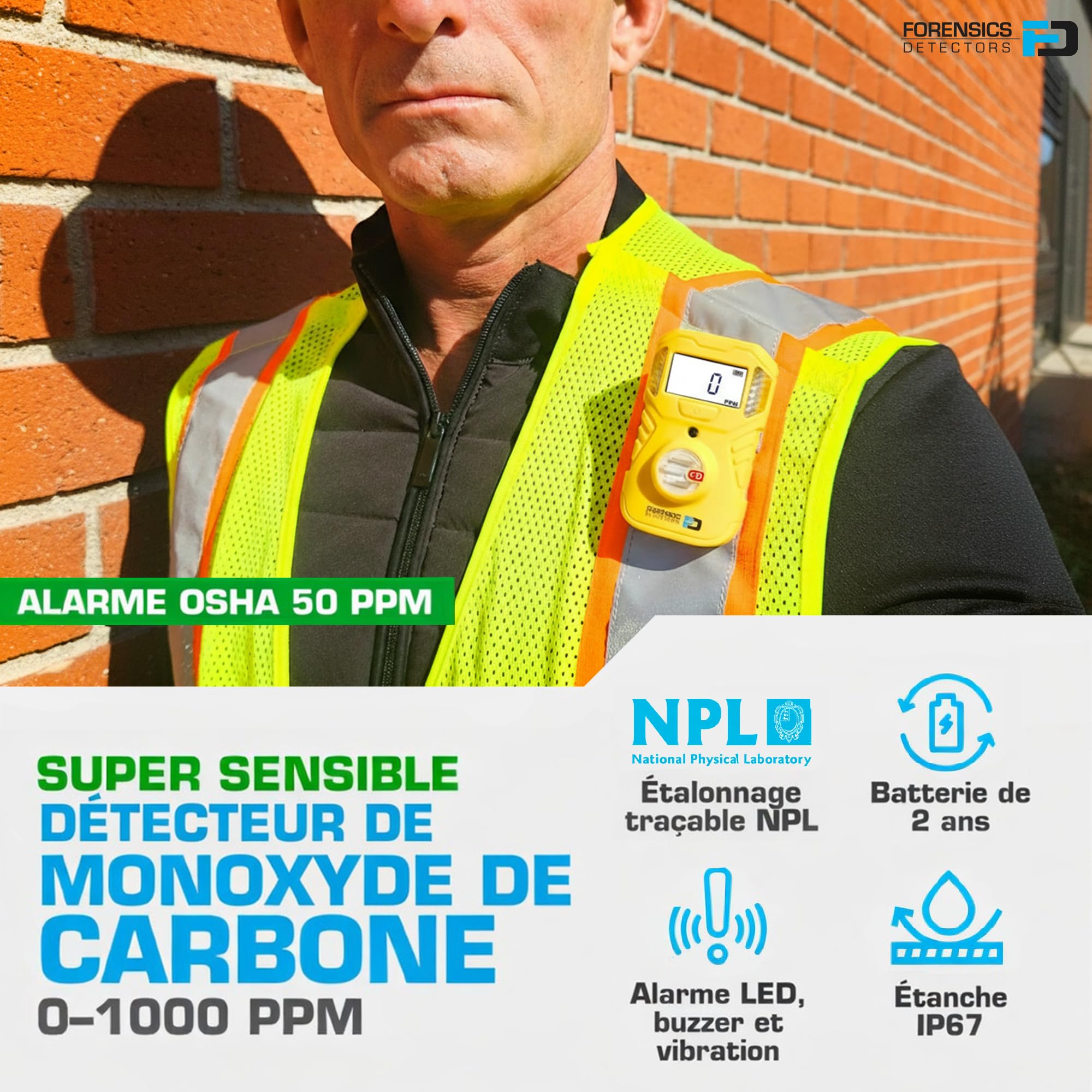 Détecteur Portable de Monoxyde de Carbone (CO) | Certificat d'Étalonnage UE | Batterie 2 Ans | Test De Chute Réussi Depuis 10 Pieds | Étanchéité IP67 |