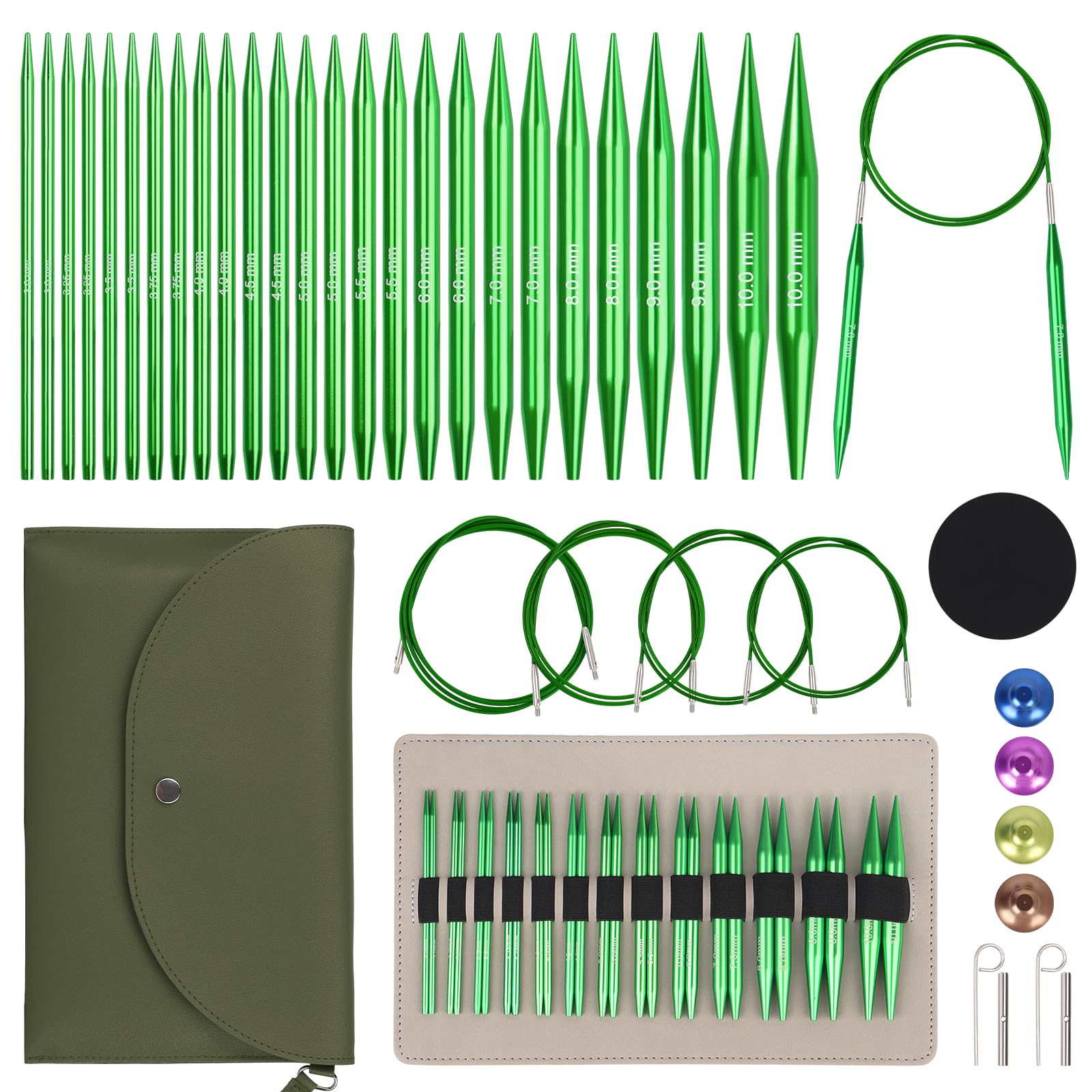 Reessy Circular Knitting Needles Set, Interchangeable Circular Knitting Needles Set with Case, 13 Pair of 3mm-10mm Interchangeable Needles, Aluminum Knitting Needle Set for Smooth Knitting-Green