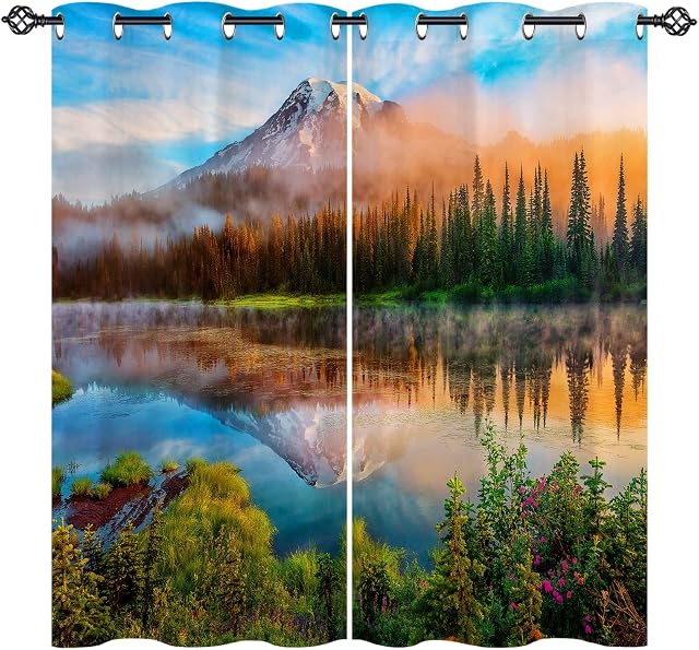 ANHOPE Scenery Curtains Eyelet 80% Blackout Room Darkening Curtains with Foggy Forest Lake Mountain Print Pattern Thermal Insulated Window Drapes for Bedroom Living Room 46 x 54 Inch Drop 2 Panels