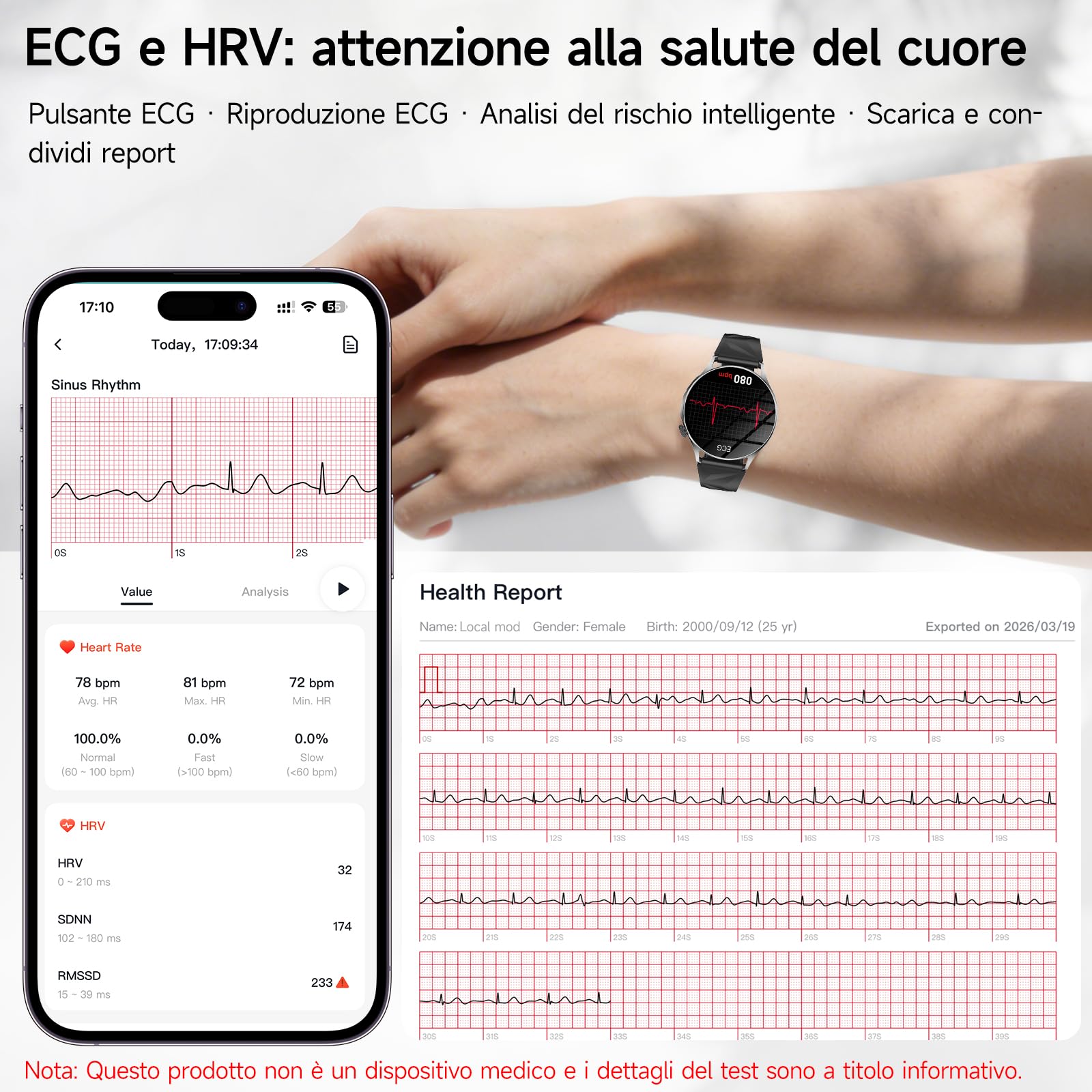 Nuo Smartwatch Donna Uomo con ECG/HRV/Pressione Sanguigna/BMI/Acido Urico | 1.32" AMOLED Orologio Fitness con Cardiofrequenzimetro/Sonno/Stress/Temperatura/Emozioni/SOS/Emozioni/Chiamate, iOS/Android