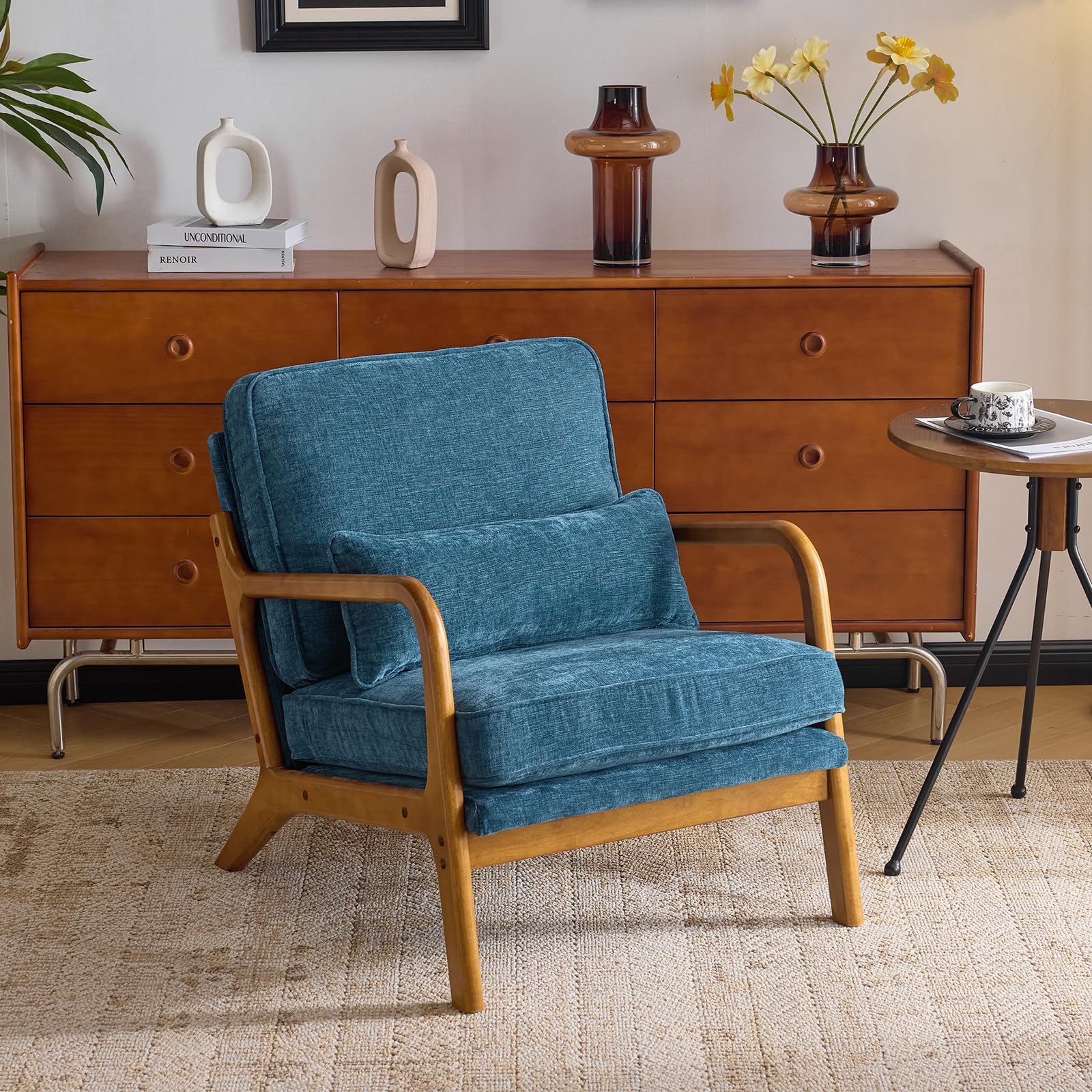 Bonnlo Accent Chair, Soild Wood Padding Lounge Armchairs, Occasional Reading Chair with Cushions and Lumbar Pillow, Armchairs for Living Room, Bedroom, Guest Room, Chenille, Blue