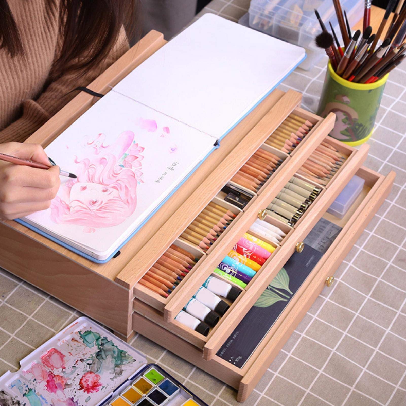 Boîte à outils de dessin à 3 couches, boîte de rangement d’outils d’accessoires de peinture pigmentaire d’approvisionnement d’artiste en bois, 15 zones de rangement, pour pastels, crayons, marqueurs