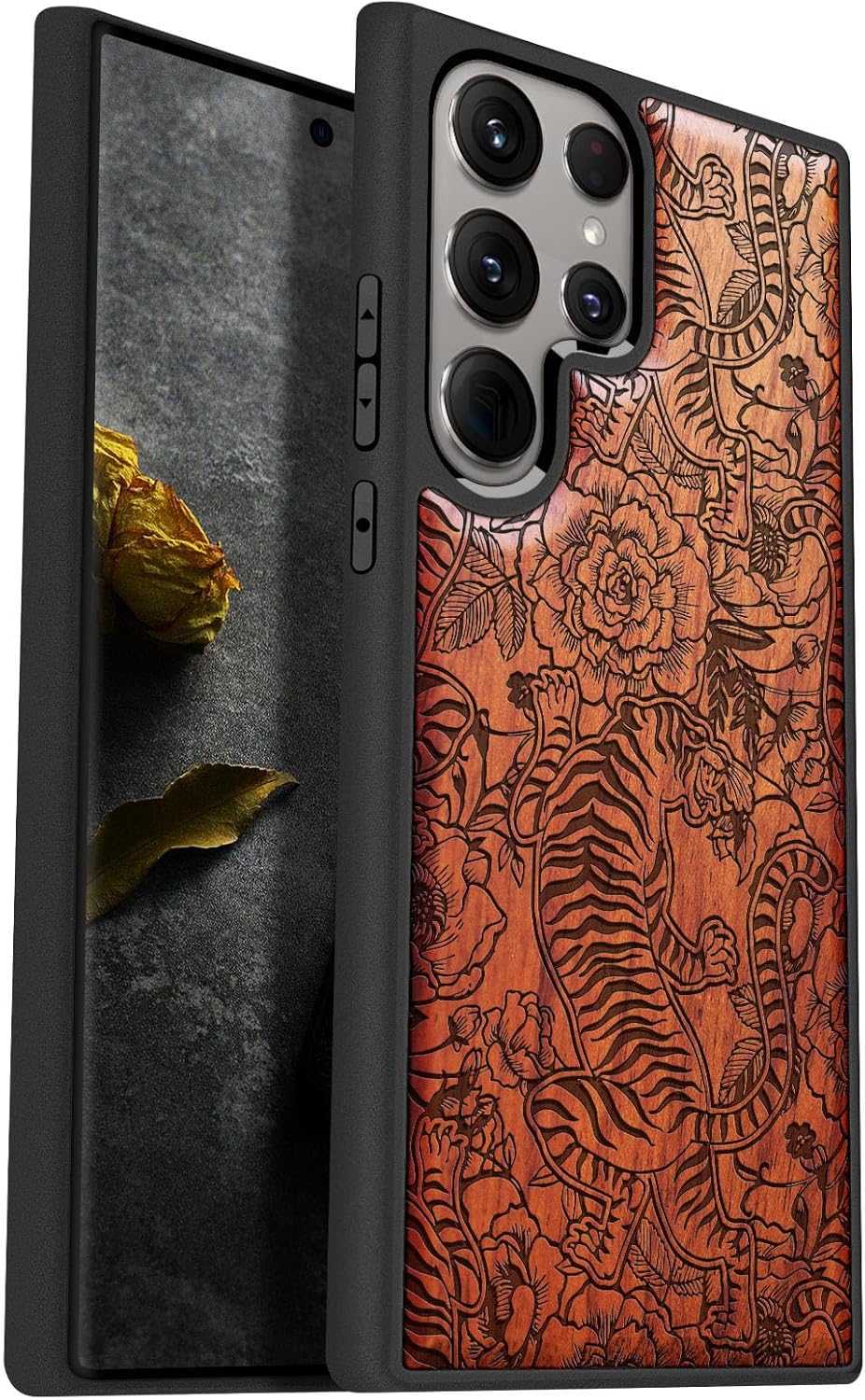 Carveit Wood Case for Galaxy S24 Ultra Case [Natural Wood & Black Soft TPU] Shockproof Protective Cover Unique Wooden Design Compatible with Samsung S24 Ultra (Majestic Chinese Dragon-Blackwood)