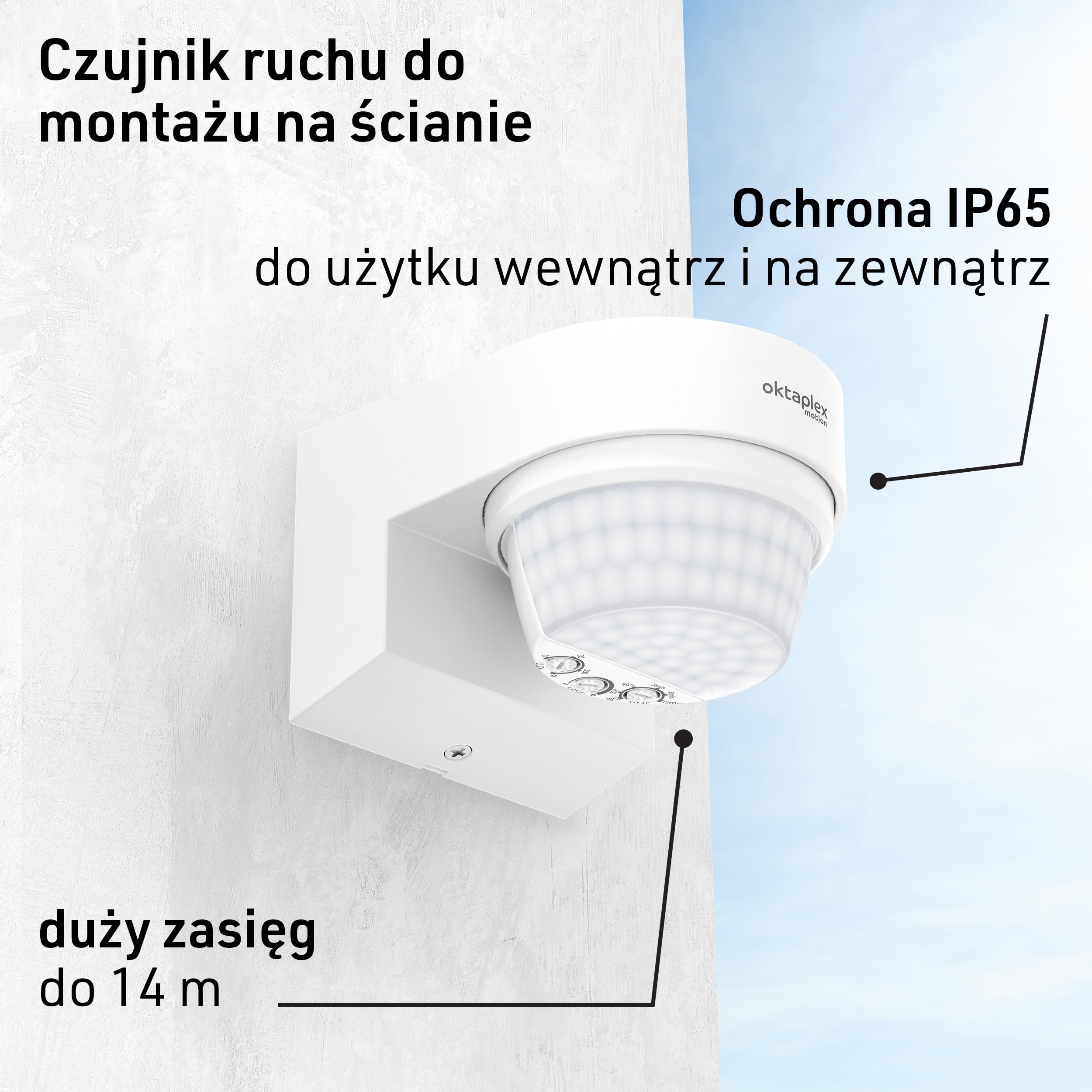 Oktaplex Eva 2 sztuki detektorów ruchu na zewnątrz z uchwytem ściennym narożnym 14 m/240 stopni, czujnik PIR, natynkowy, IP65, czujnik ruchu, biały