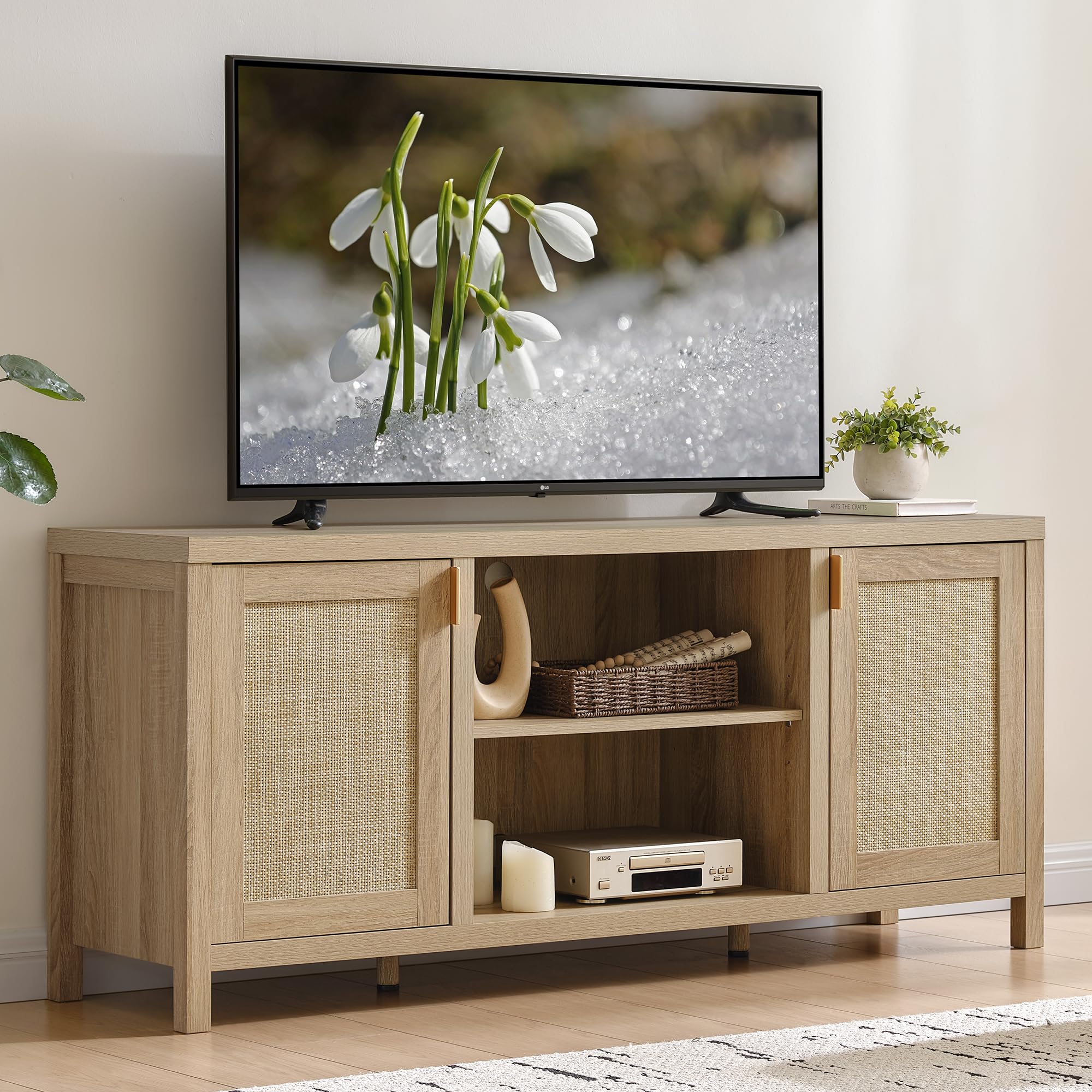 SICOTAS Rattan TV Stand for Living Room - 26" Tall TV Console Cabinet with Storage and Adjustable Shelf, Boho Entertainment Center, 59" Media Console for 50, 55, 65 Inch TV, Light Oak