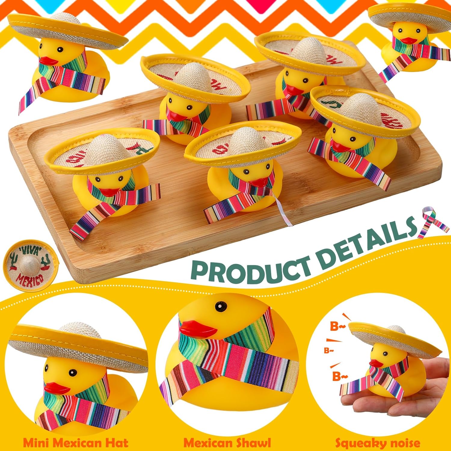 Skylety 24 Pcs Mexican Fiesta Rubber Ducks Bulk with Mini Sombrero Hats and Scarf for Carnivals Cinco De Mayo Supplies Mexican Fiesta Decorations