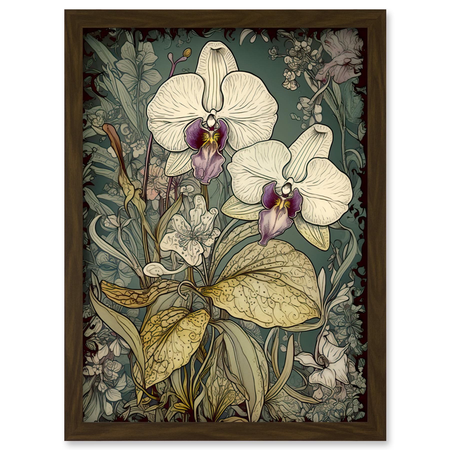 Artery8 William Morris Style White and Purple Orchid Artwork Framed Wall Art Print A4