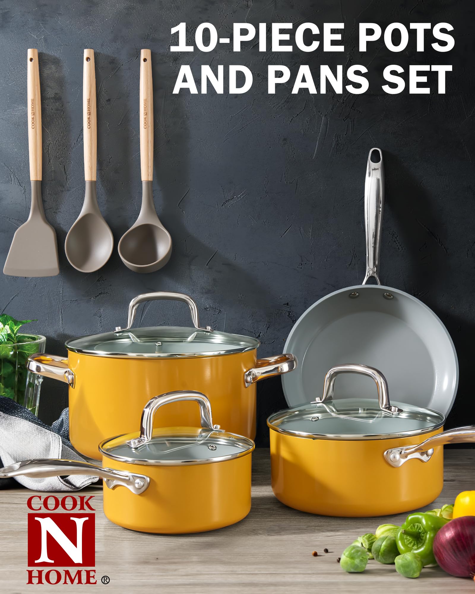 Cook N Home Zestaw garnków i patelni nieprzywierający, 10-częściowy twardy anodowany nieprzywierający zdrowy zestaw naczyń ceramicznych, zestaw do gotowania indukcyjnego z uchwytami utrzymującymi