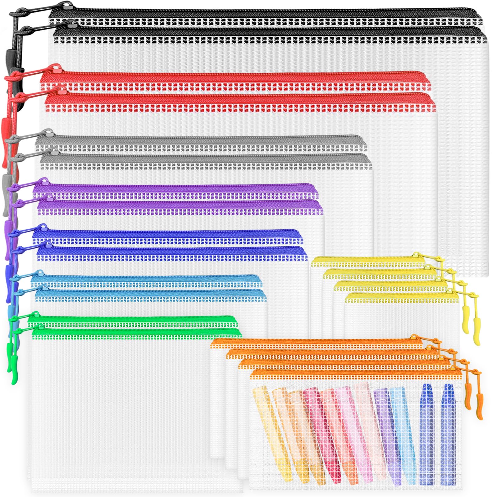 (22 Packs) Plastic Zip Wallets Folders, Zip Multi Color Sizes Lock Bags, Zipper Color Matching, widely Used， Apply to School Supplies, Office, Travel Storage Bags, Homework etc