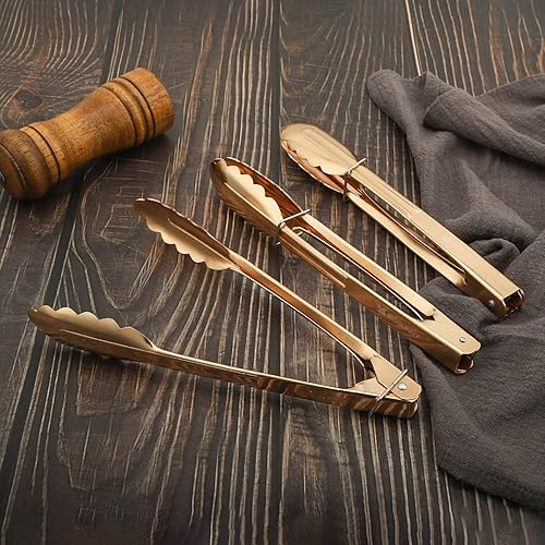 Miniatura 4 de MSY BIGSUNNY Pinzas de cocina de 9 pulgadas para cocinar y servir, de aluminio, juego de 3 (chapado en oro)
