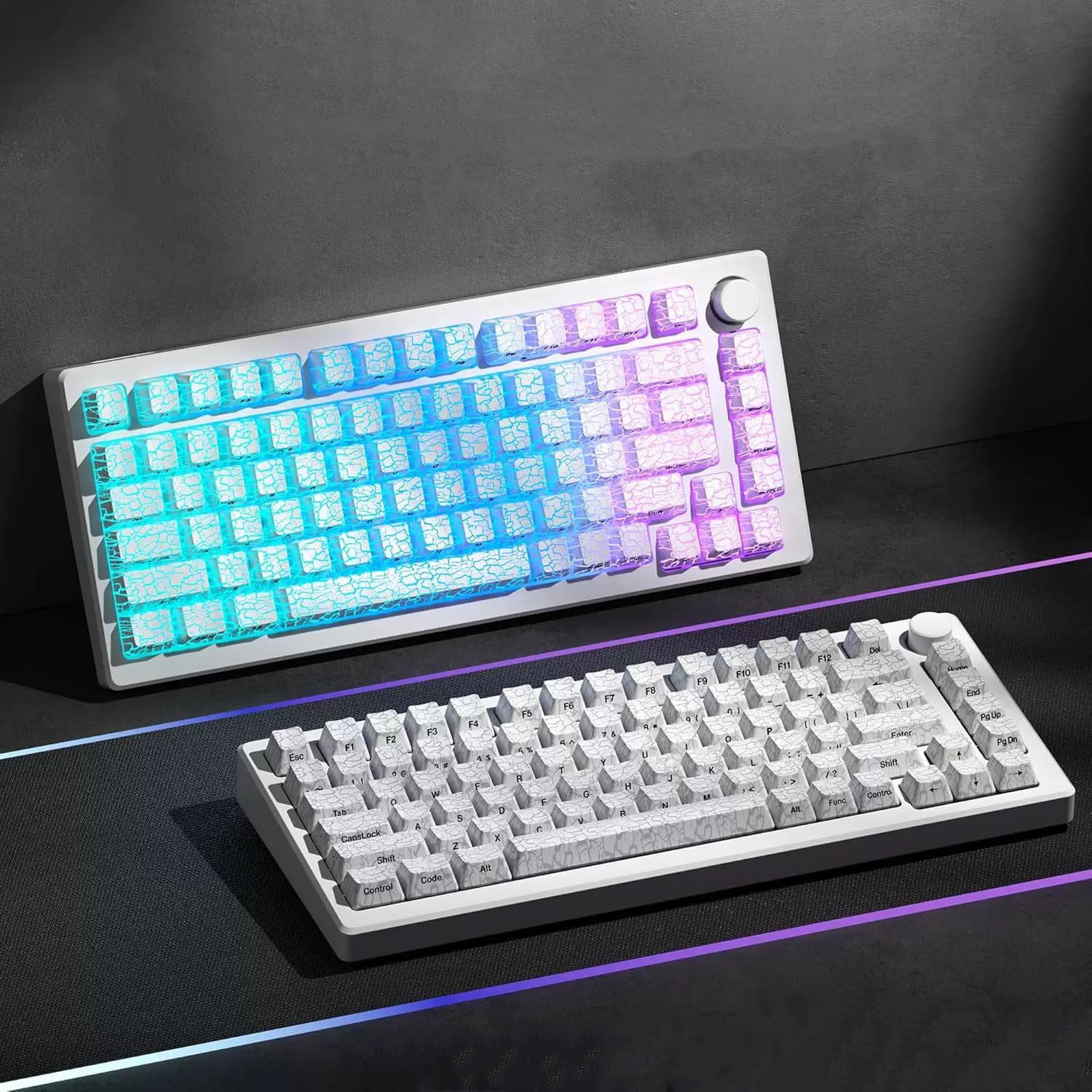 Czarno-białe pęknięcie lodu 123 klawisze profil MDA Shine Through PC Side Print Keycap kreatywne nowatorskie klawisze do klawiatur mechanicznych MX (Ice Crack White)