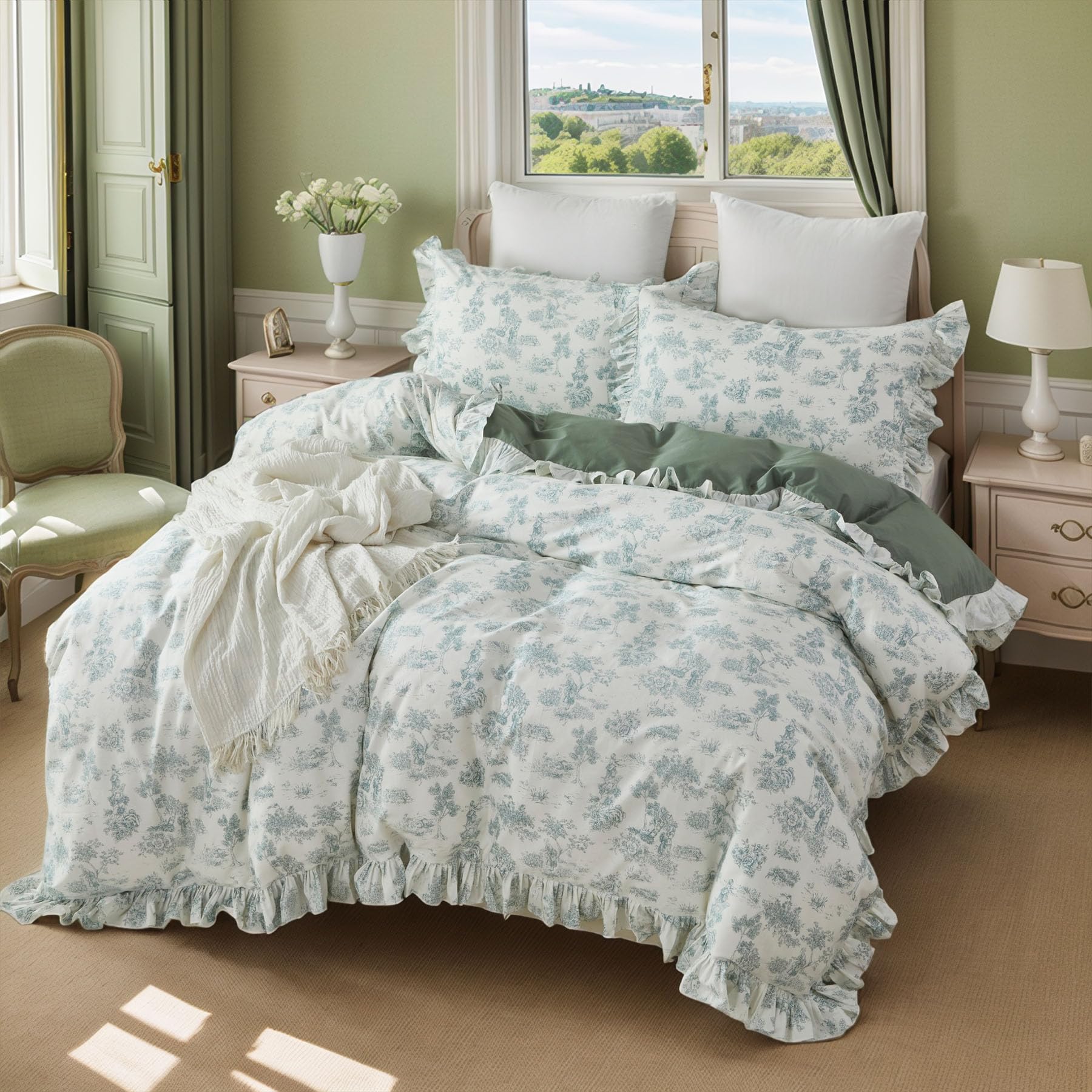 Brandream French Country Toile Queen Duvet Cover Set for Girl Women Bedroom Vintage Green Toile Floral Print 100% Cotton Duvet Quilt Comforter Cover Pillow Shams Set with Delicate Ruffle Fringe
