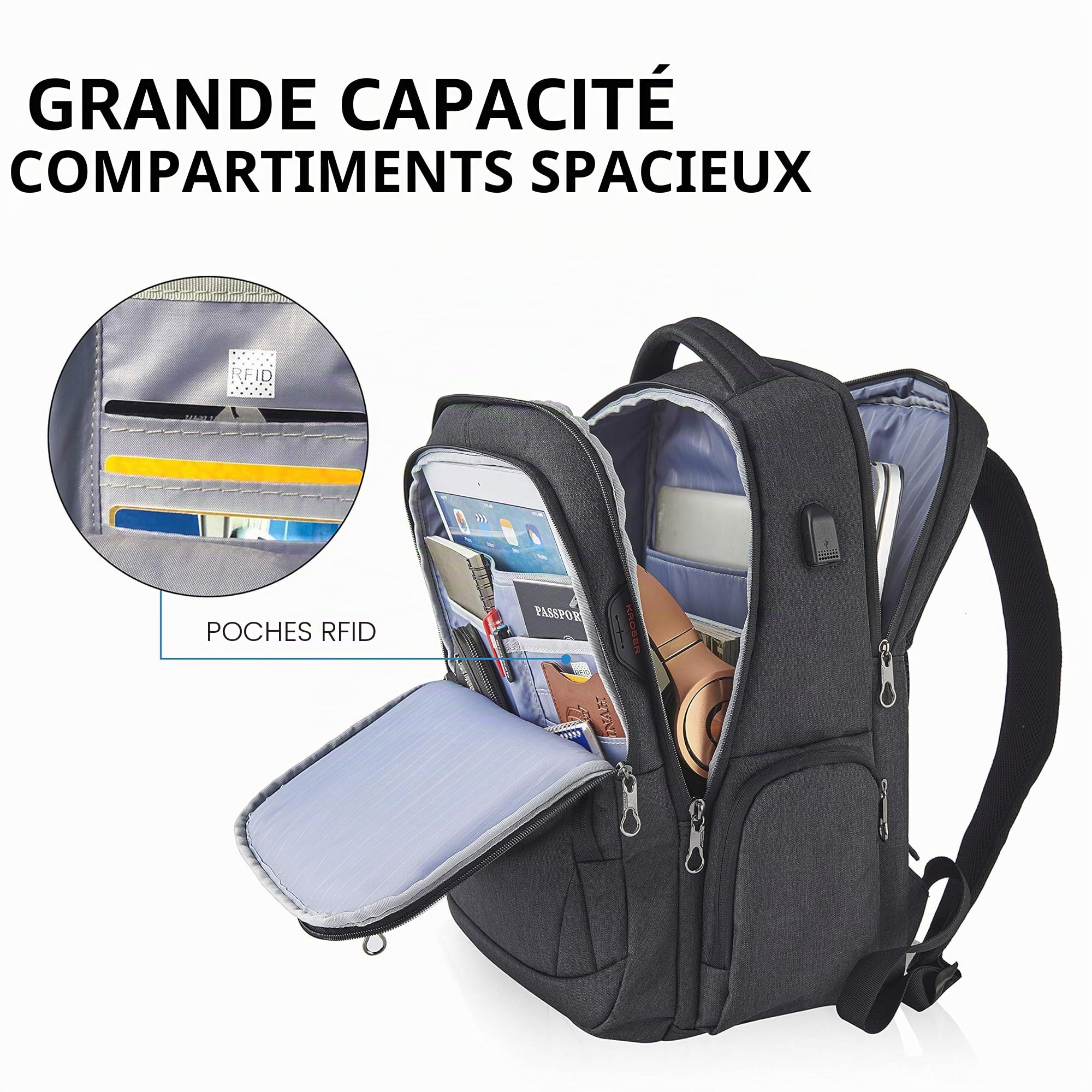 KROSER Sac à dos ordinateur portable 17,3" imperméable USB RFID