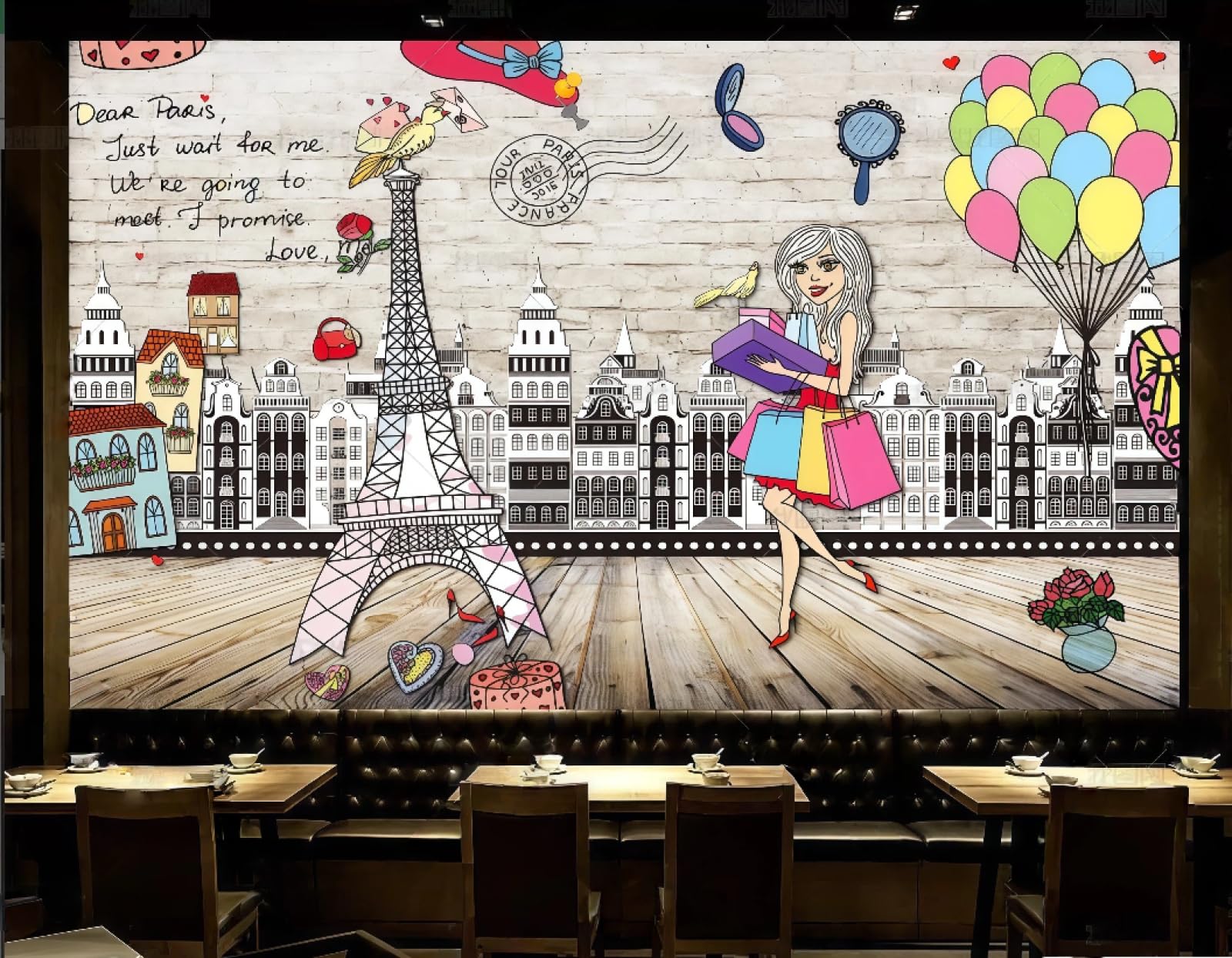 rskjdghshd Wallpaper Retro Brick Wall Hand-Painted Cartoon City Silhouette Hotel Western Restaurant Background Wall Mural Afternoon Tea Coffee Shop Wallpaper,3D,250x175cm