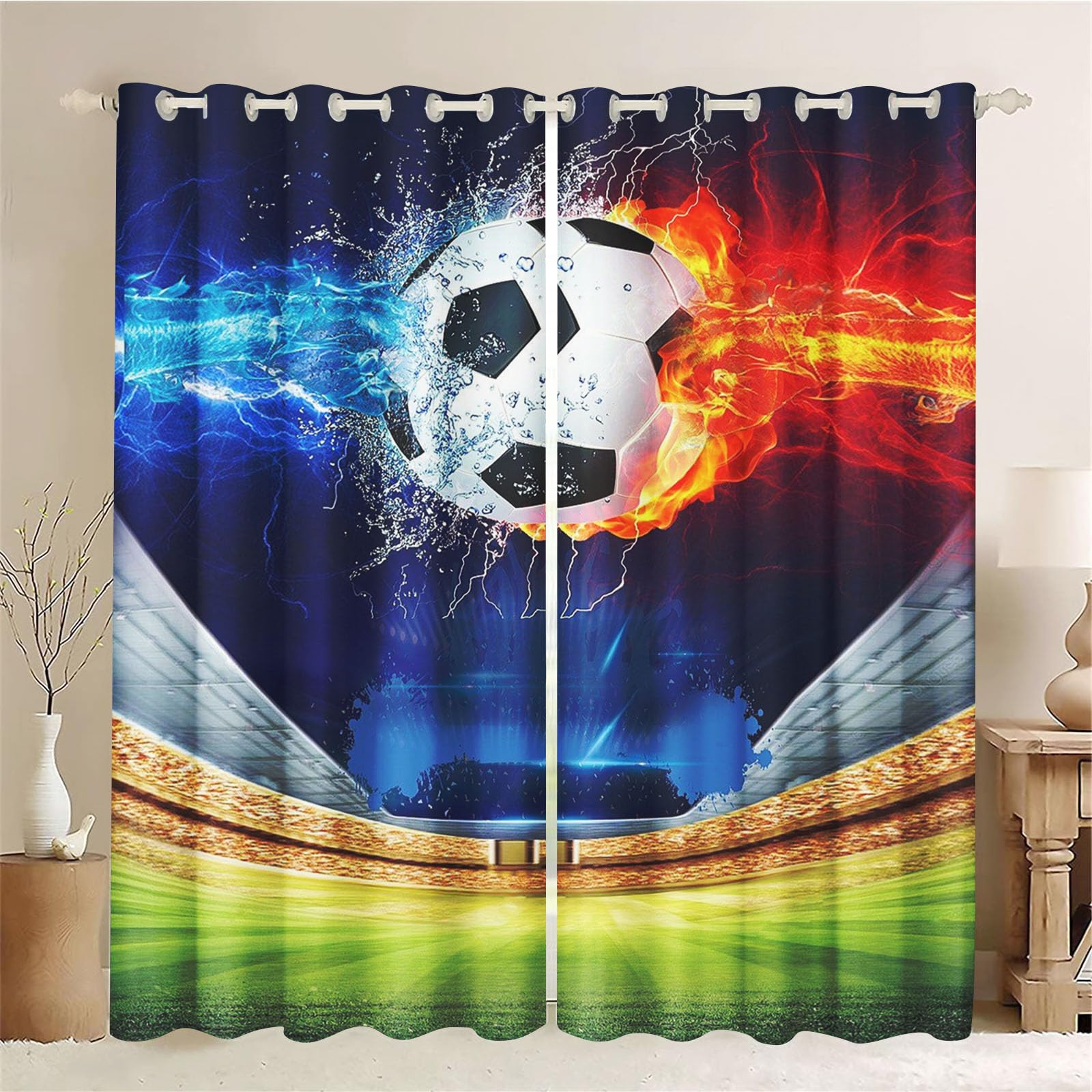 Blcikdicht Cortinas opacas de fútbol para niños, cortina opaca con ojales, cortinas de tela de fútbol para habitación infantil, 2 cortinas de tela (1,280 x 180 cm (2 x 140 x 180 cm)