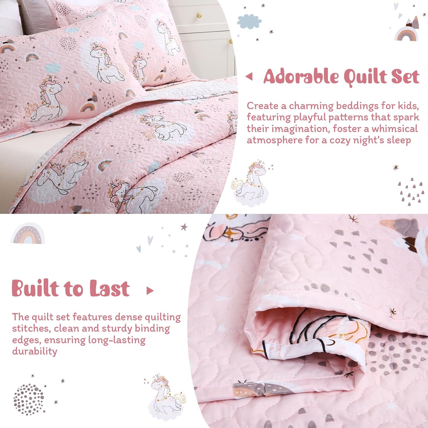 JSD Pink Unicorn Kids Quilt Set Full/Queen, 3 Piece Girls Printed Bedspread Coverlet with Pillow Shams, Lightweight Winter Quilted Blanket