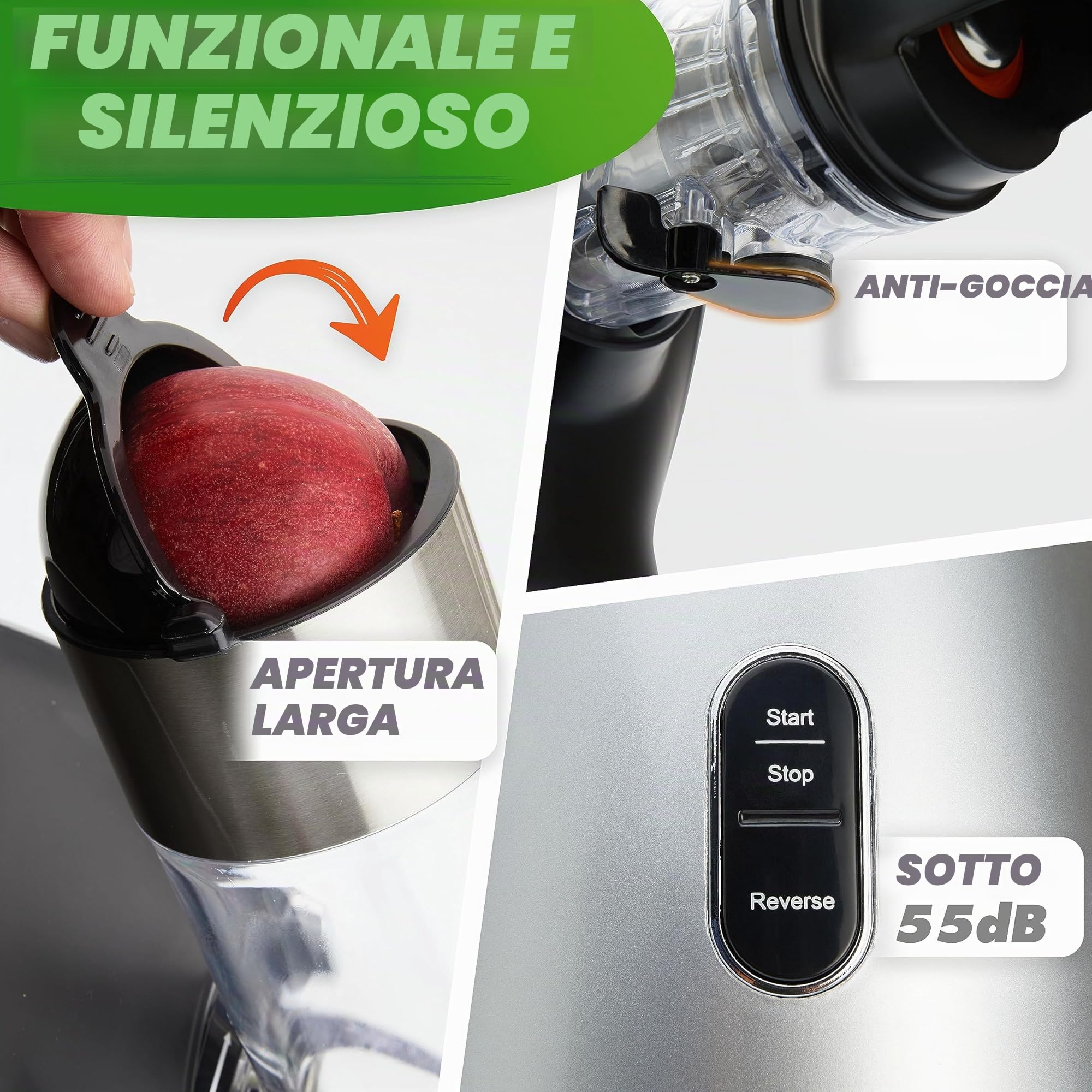 GREEN-PRESS MAX Estrattore di Succo Lento in Acciaio Inossidabile 304 con Coclea Senza BPA | Per Frutta Intera, Sedano, Verdure e Frutta | Vincitore del Test 2023 | Estrattore di Succo Versatile