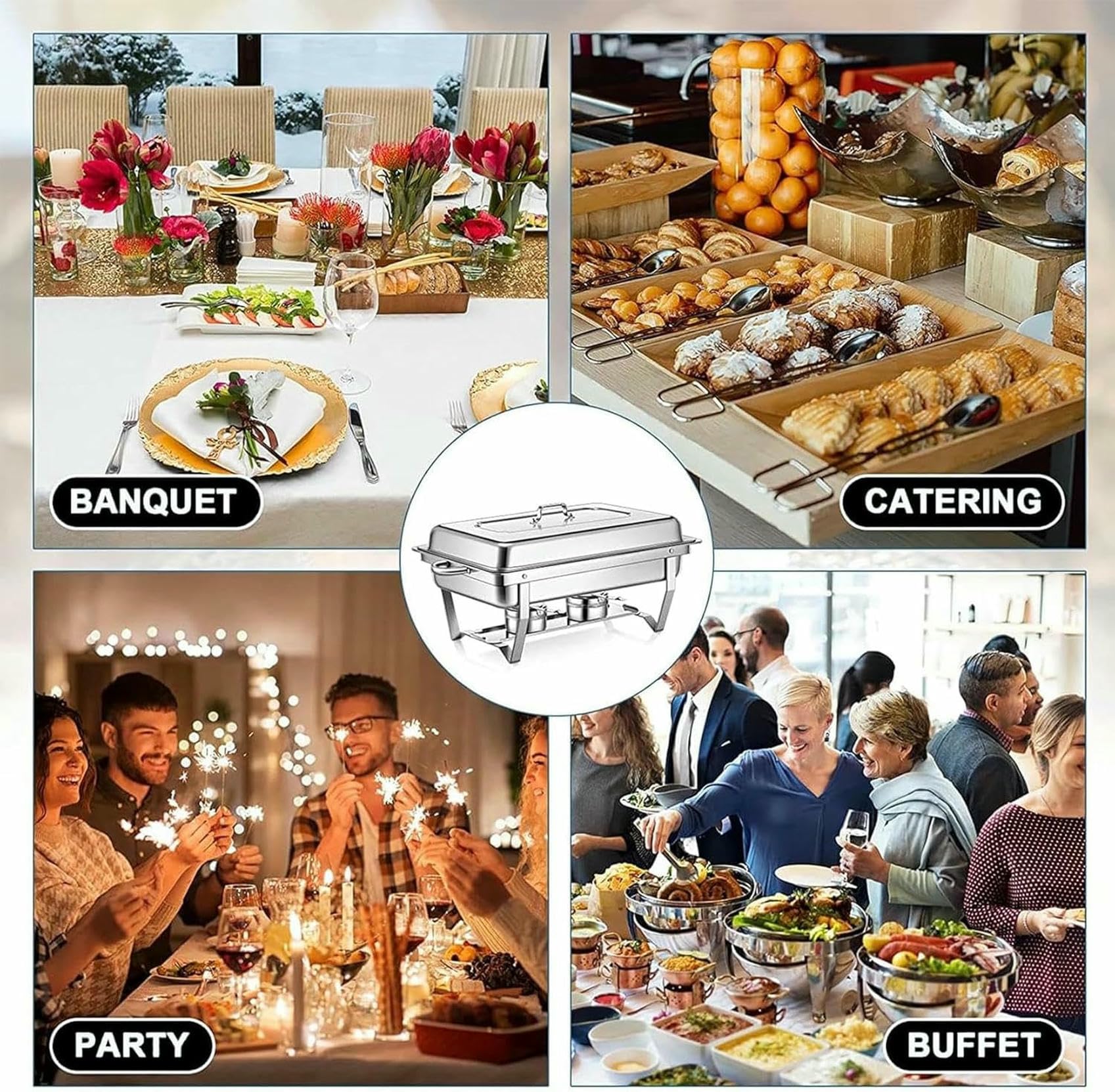 Juego de Buffet Chafing Dish, Calentador de Alimentos portátil, Juego de Buffet Chafing Dish de Acero Inoxidable, para buffets, Bodas, Banquetes y Catering (3 Rejillas, 5 Piezas)
