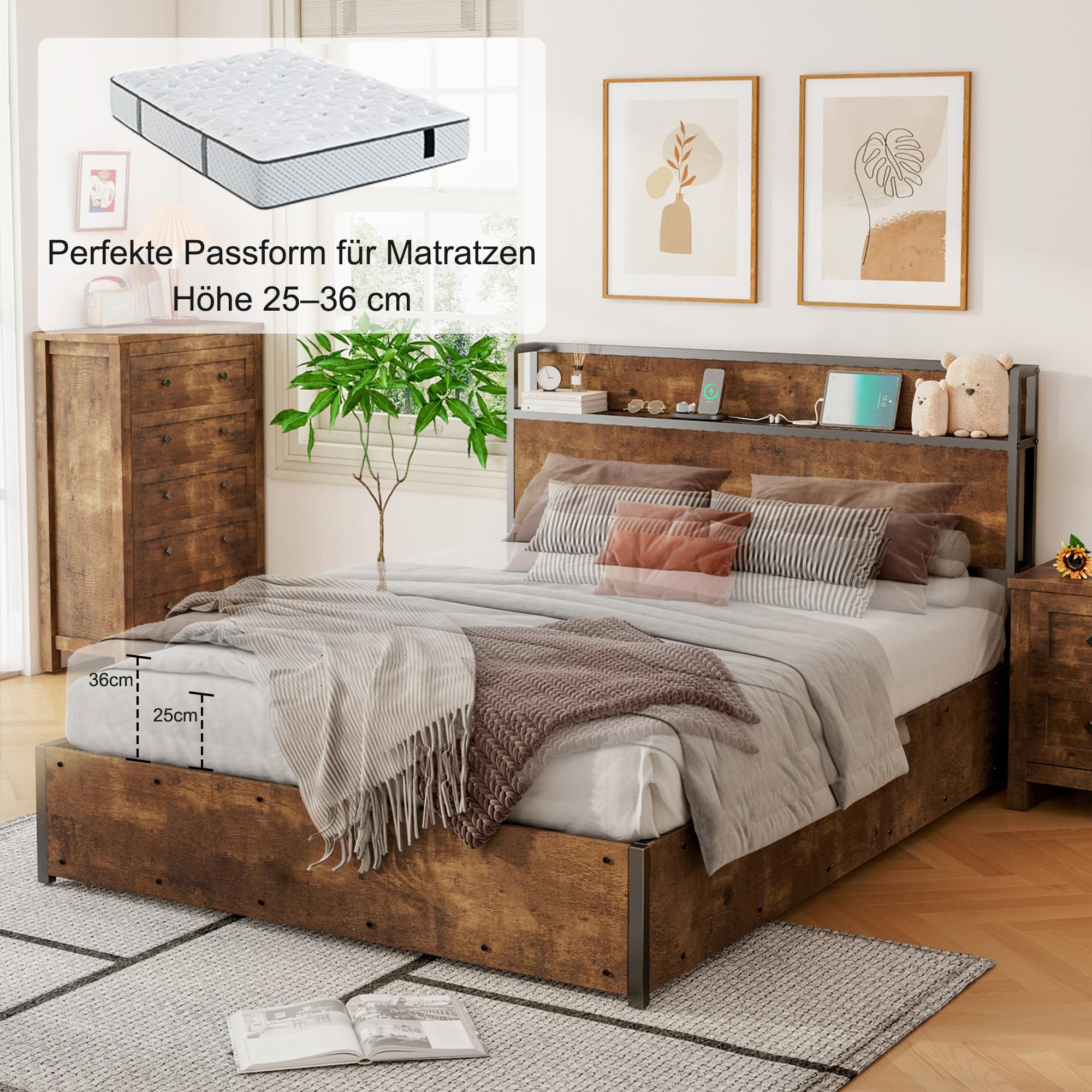 LUXOAK Bett 160x200 mit Stauraum und Hebemechanismus, Plattformbett mit Kopfteil aus Holz, Staufächern und Ladestation, Ohne Matratze (Braun, 160x200cm)