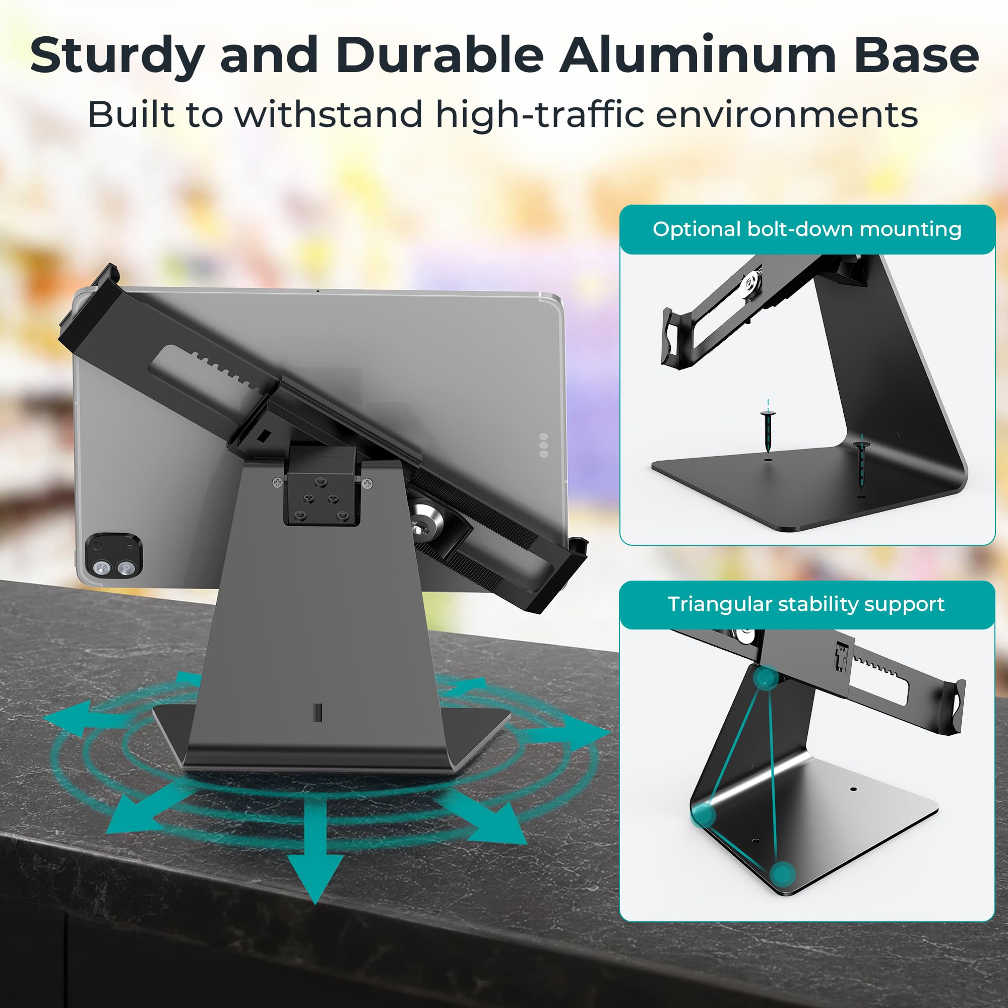 Soporte de escritorio antirrobo para quiosco de seguridad para la mayoría de iPad de 8 a 14 pulgadas, y para iPad de 10.2, 10.5, 11.9 y 11 pulgadas con cerradura y llave, giro y diseño, Negro