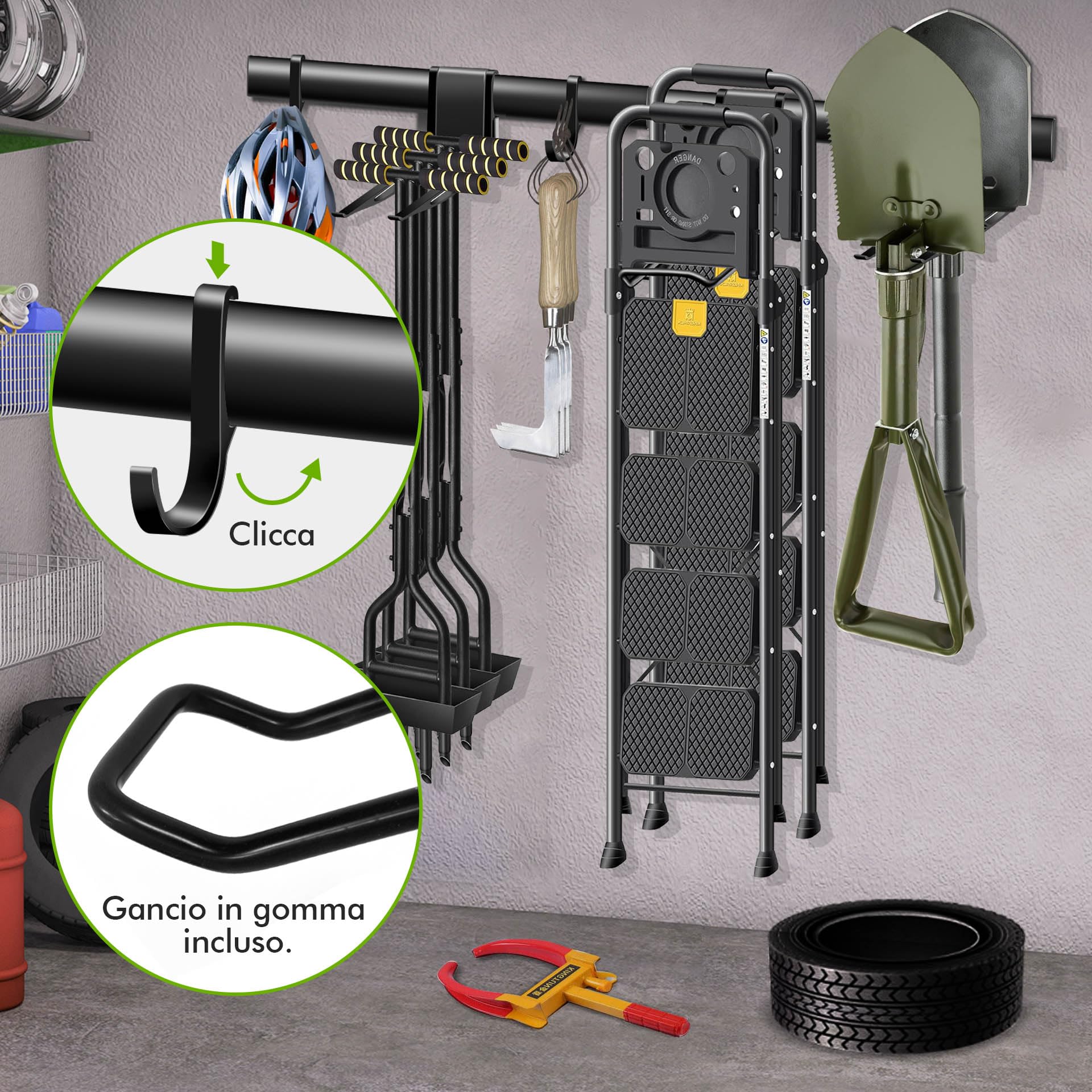 Mimoke Portautensili da giardino in acciaio, set da 2 pezzi, con 2 binari (43 cm) e 5 ganci, barra degli attrezzi per riporre attrezzi, attrezzi da giardino, attrezzature sportive, garage e cantina